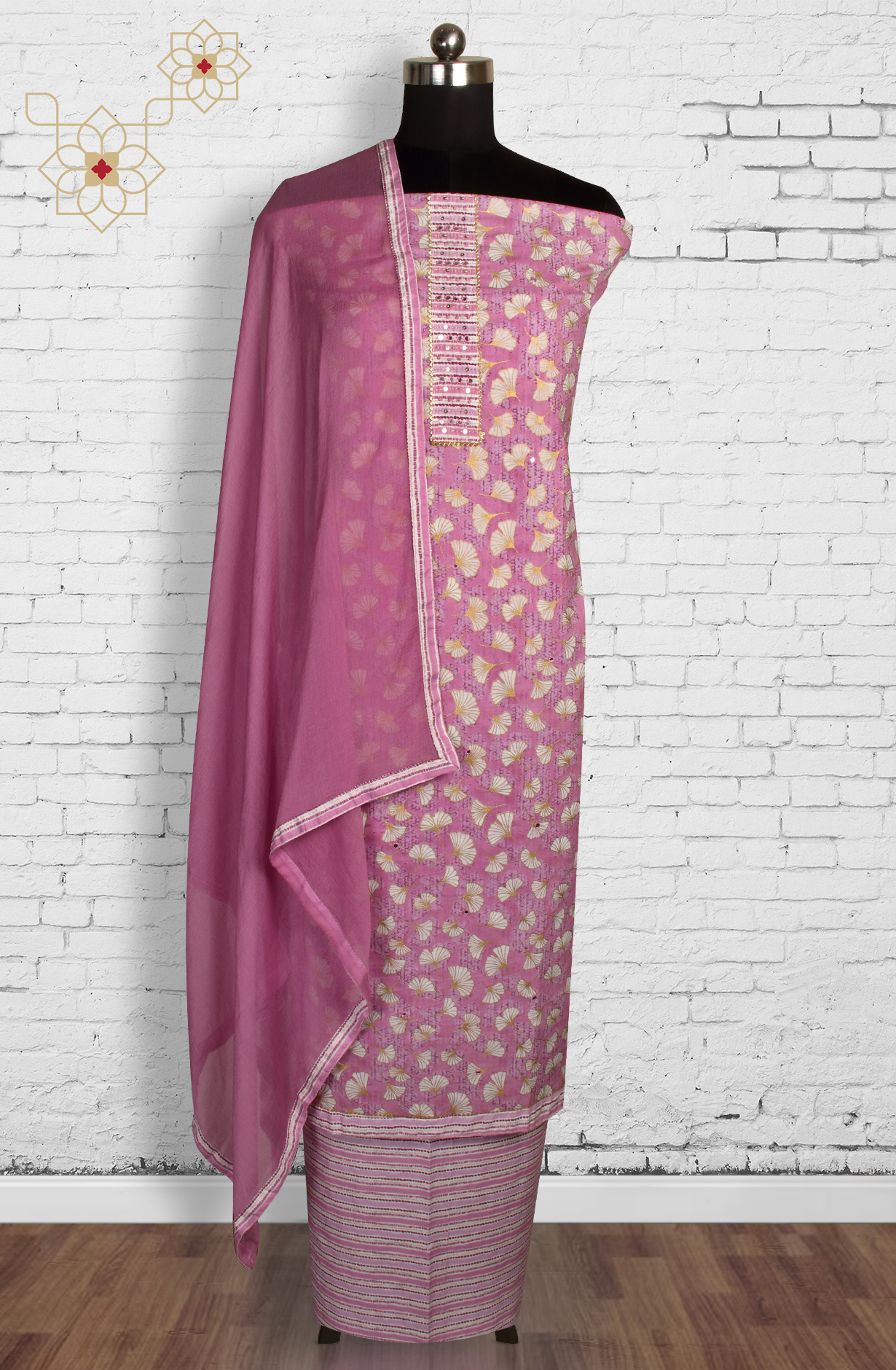 Lavender Cotton Printed Unstitched Dress Material with Chiffon Dupatta - 983-3742-51A