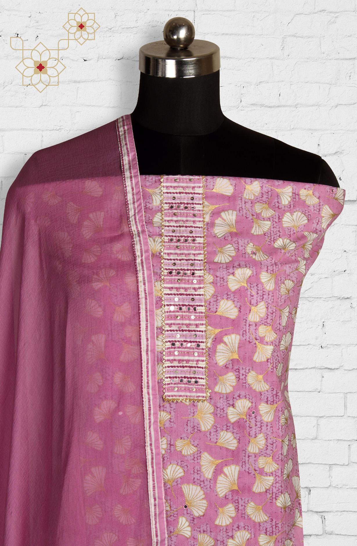 Lavender Cotton Printed Unstitched Dress Material with Chiffon Dupatta - 983-3742-51A