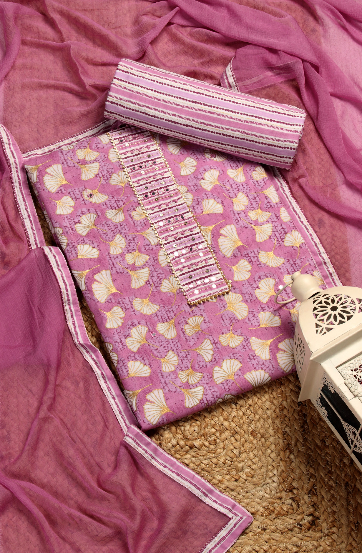 Lavender Cotton Printed Unstitched Dress Material with Chiffon Dupatta - 983-3742-51A