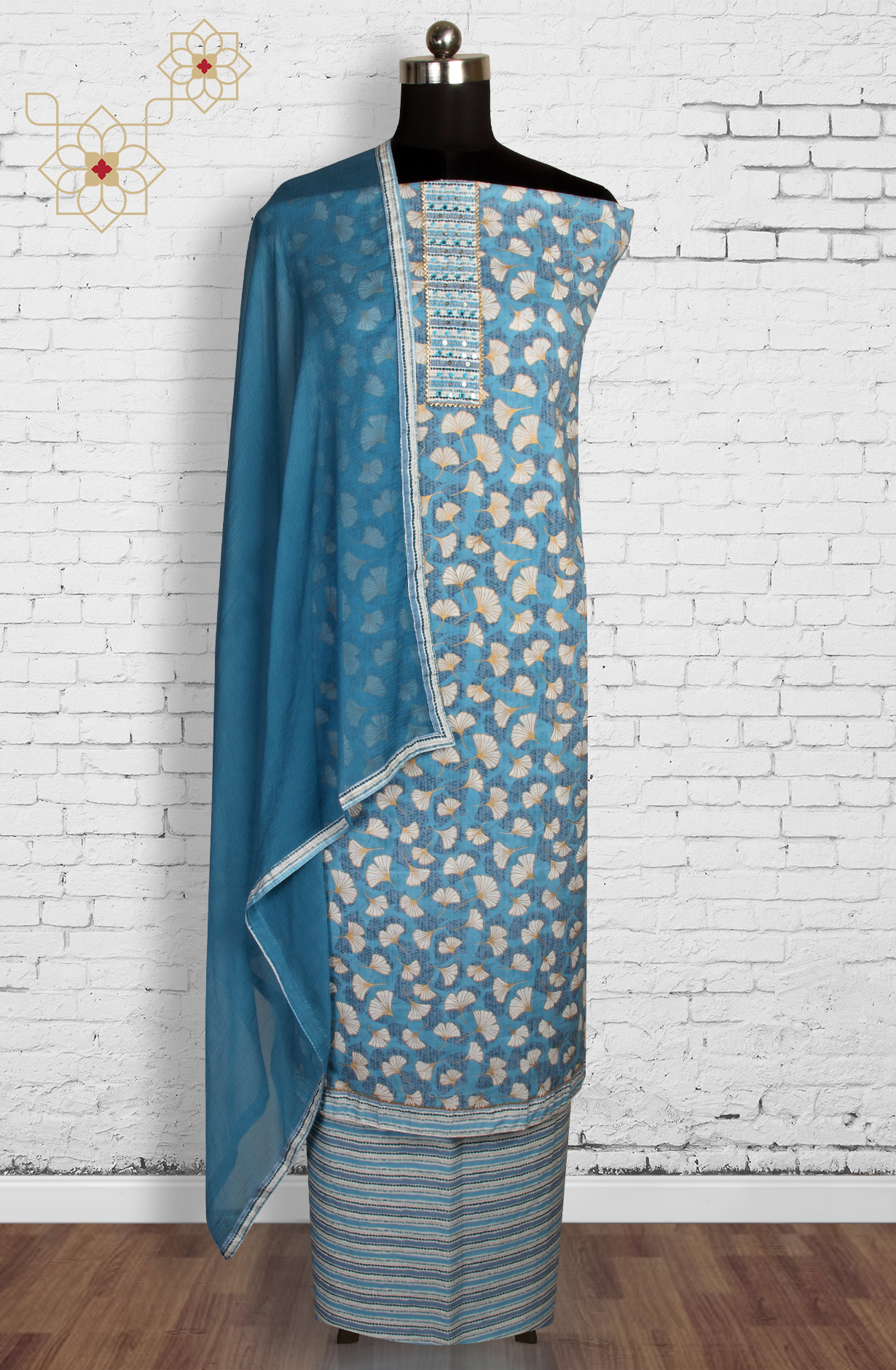 Blue Cotton Printed Unstitched Dress Material with Chiffon Dupatta - 983-3742-51B