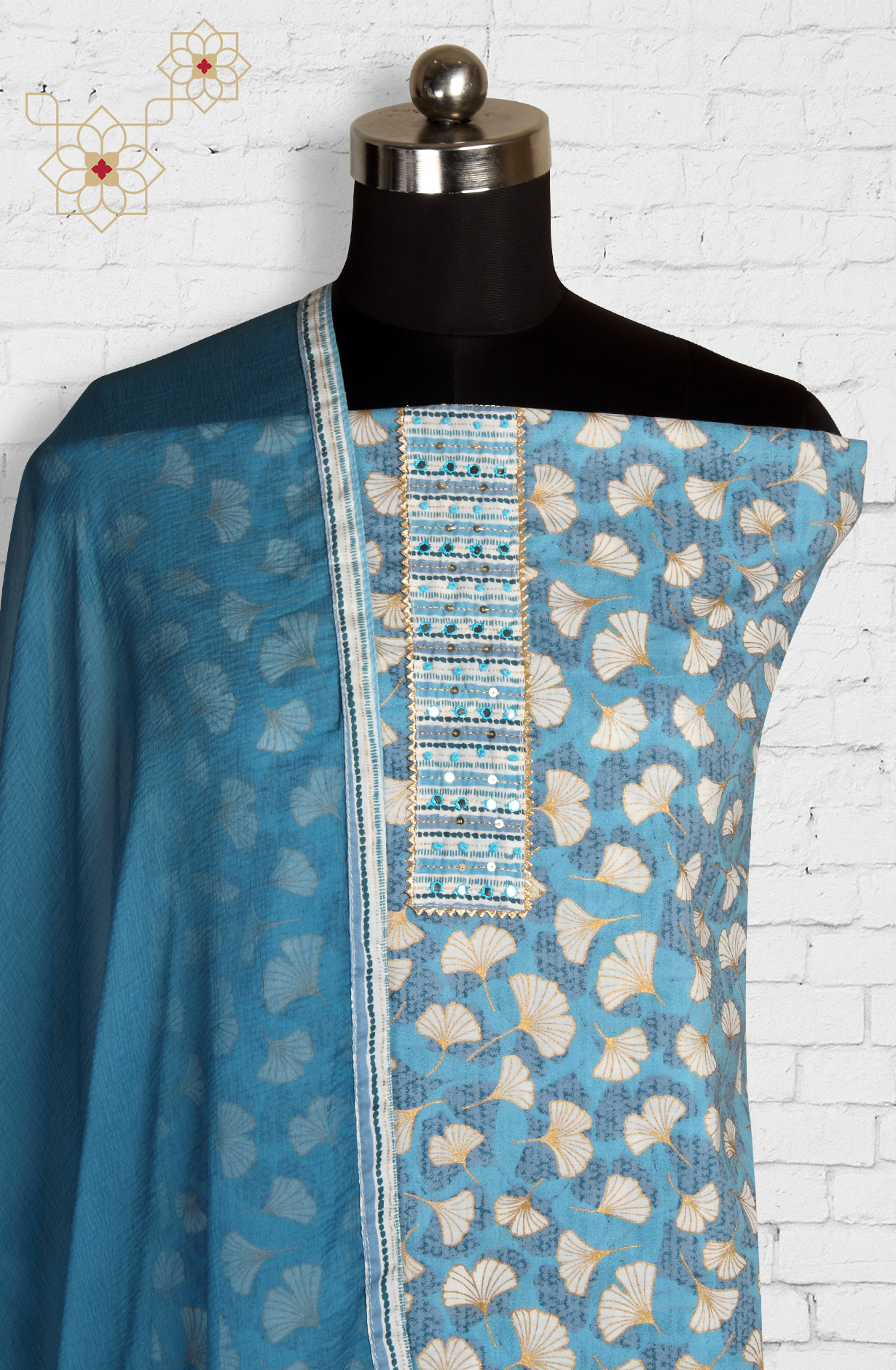 Blue Cotton Printed Unstitched Dress Material with Chiffon Dupatta - 983-3742-51B