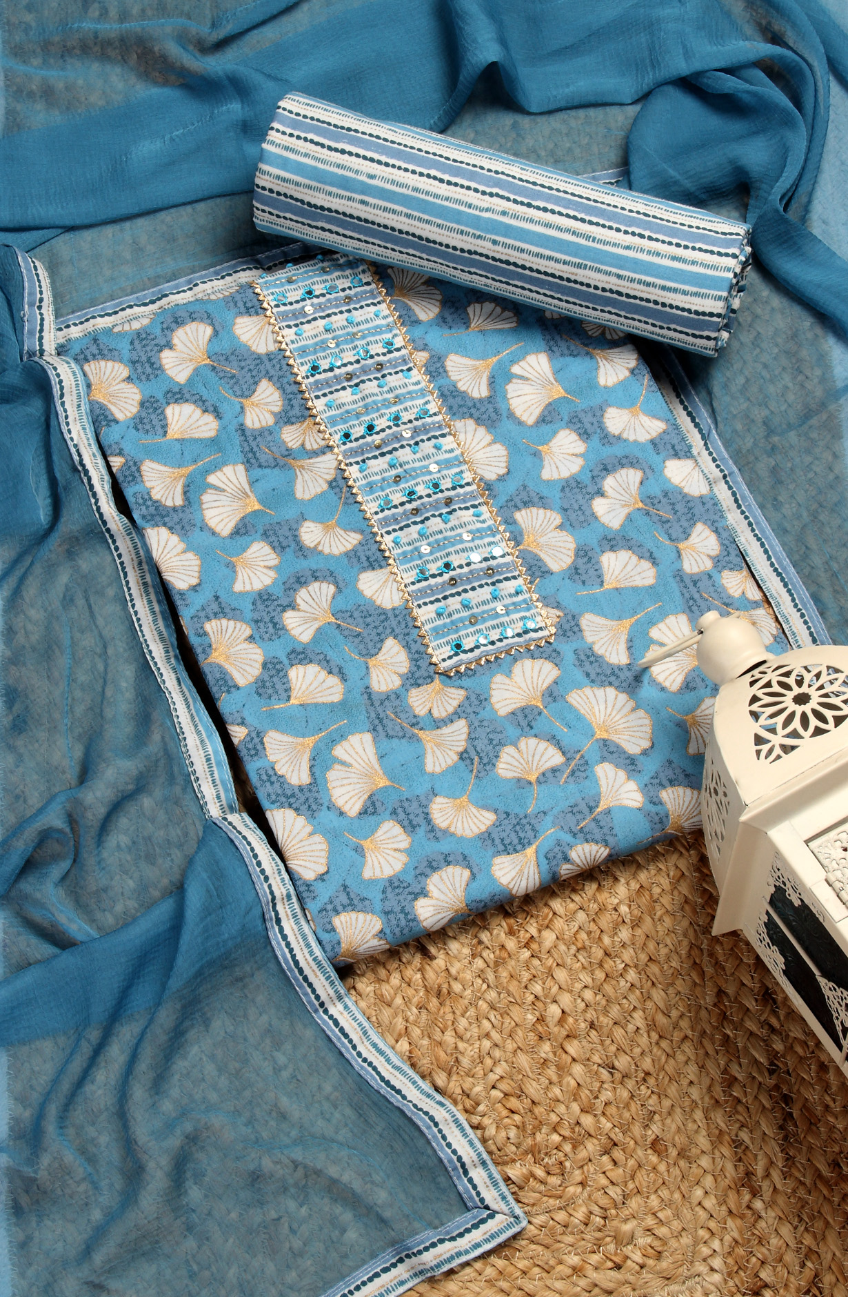 Blue Cotton Printed Unstitched Dress Material with Chiffon Dupatta - 983-3742-51B