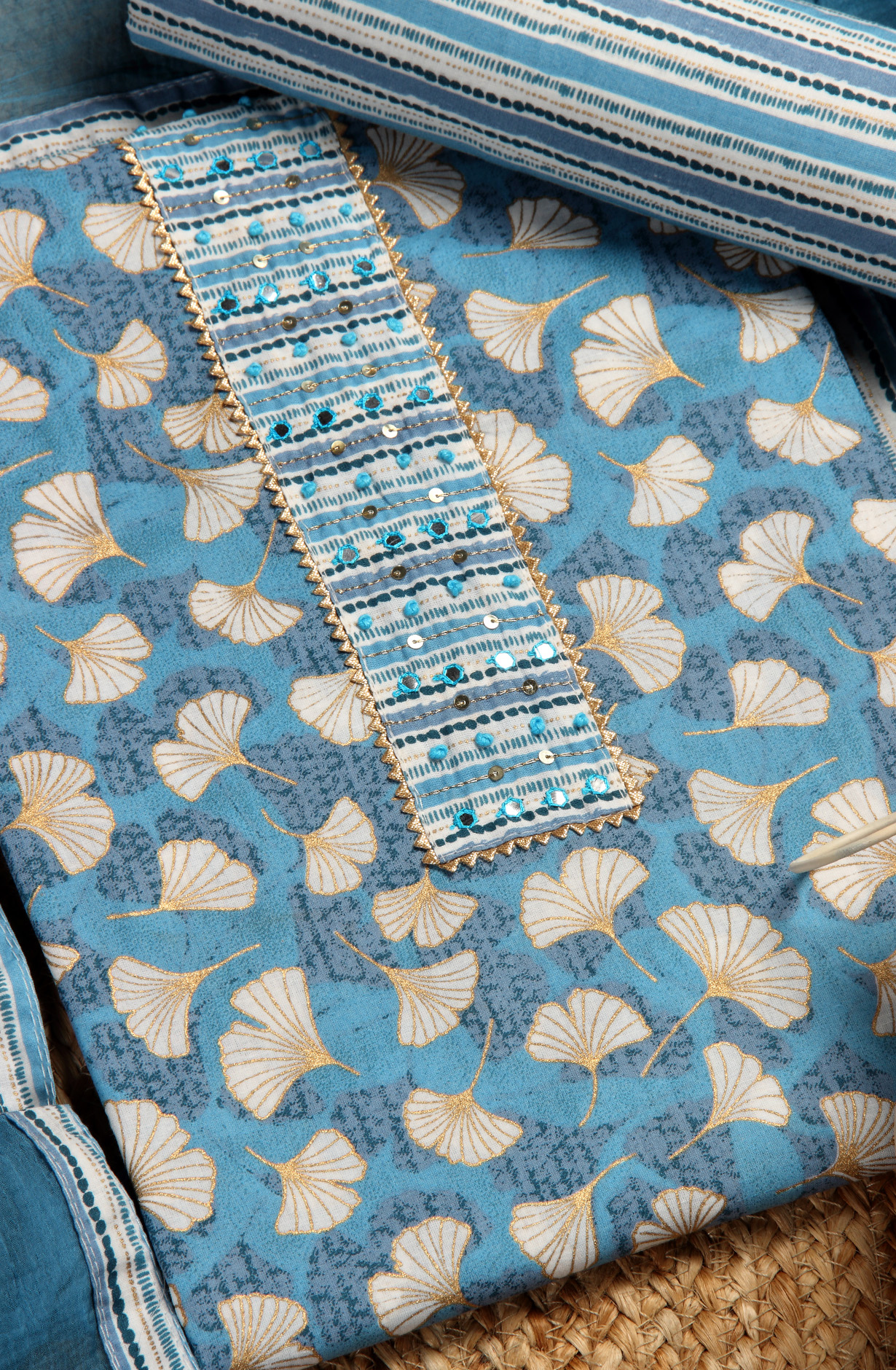 Blue Cotton Printed Unstitched Dress Material with Chiffon Dupatta - 983-3742-51B