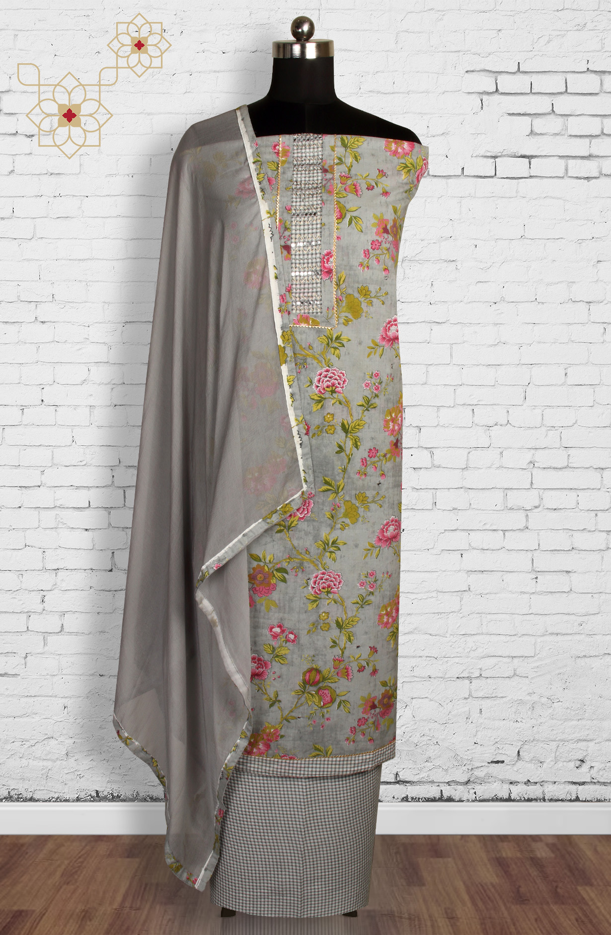 Grey Cotton Printed Unstitched Dress Material with Chiffon Dupatta - 983-3742-52B