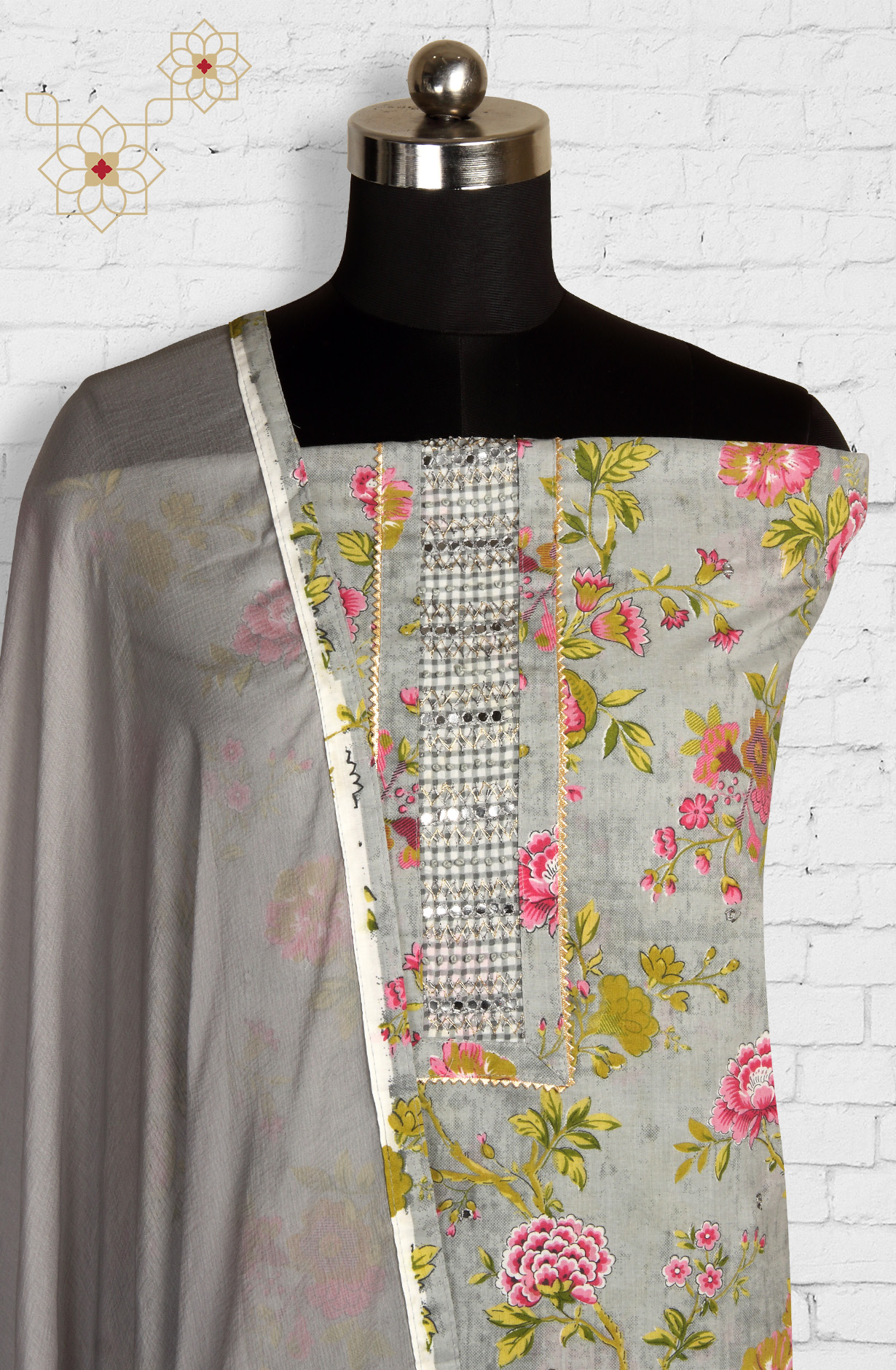 Grey Cotton Printed Unstitched Dress Material with Chiffon Dupatta - 983-3742-52B