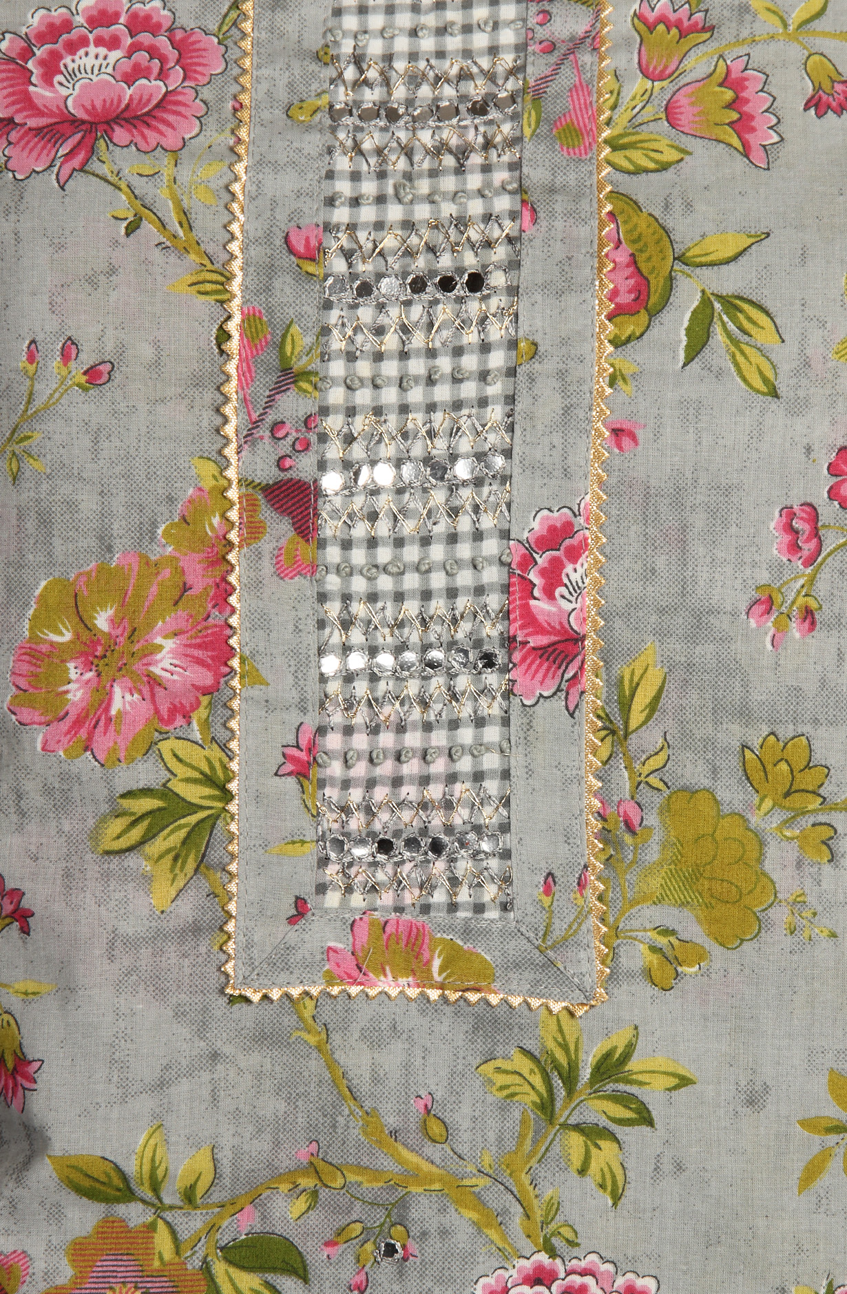 Grey Cotton Printed Unstitched Dress Material with Chiffon Dupatta - 983-3742-52B