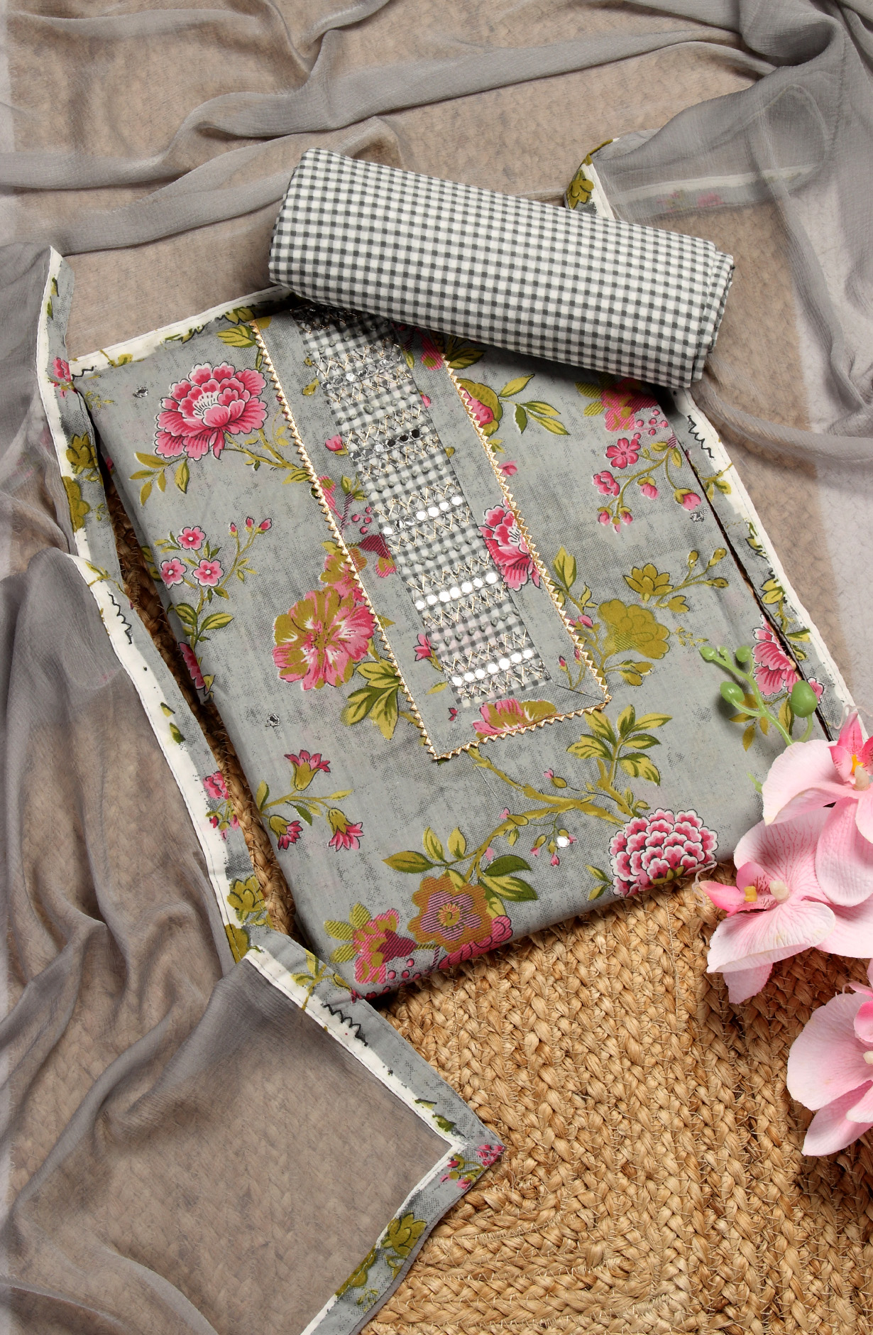 Grey Cotton Printed Unstitched Dress Material with Chiffon Dupatta - 983-3742-52B