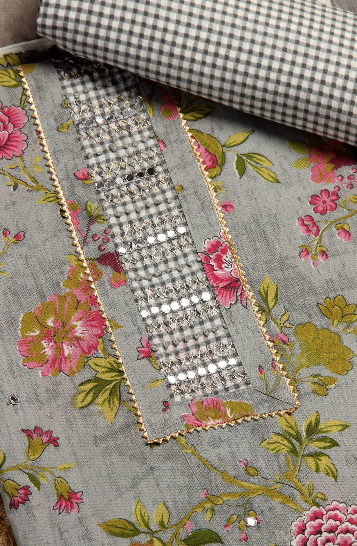 Grey Cotton Printed Unstitched Dress Material with Chiffon Dupatta - 983-3742-52B