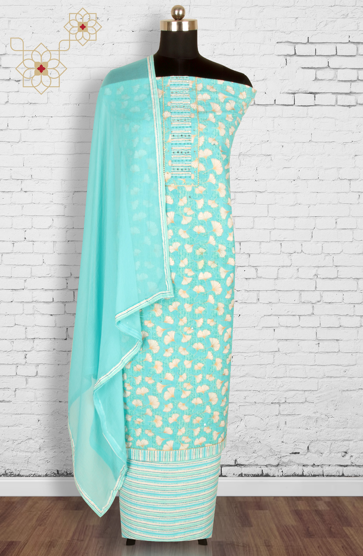 Turquoise Cotton Printed Salwar Kameez with Chiffon Dupatta - 983-3742-53B