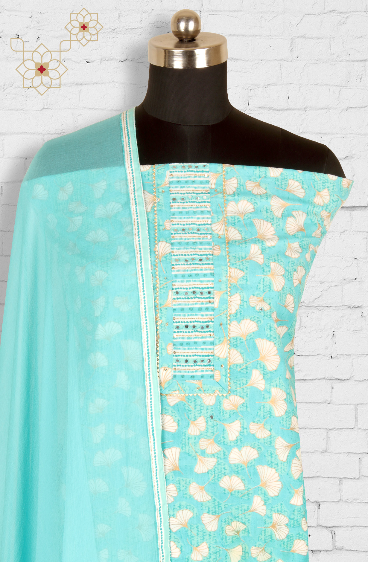 Turquoise Cotton Printed Salwar Kameez with Chiffon Dupatta - 983-3742-53B