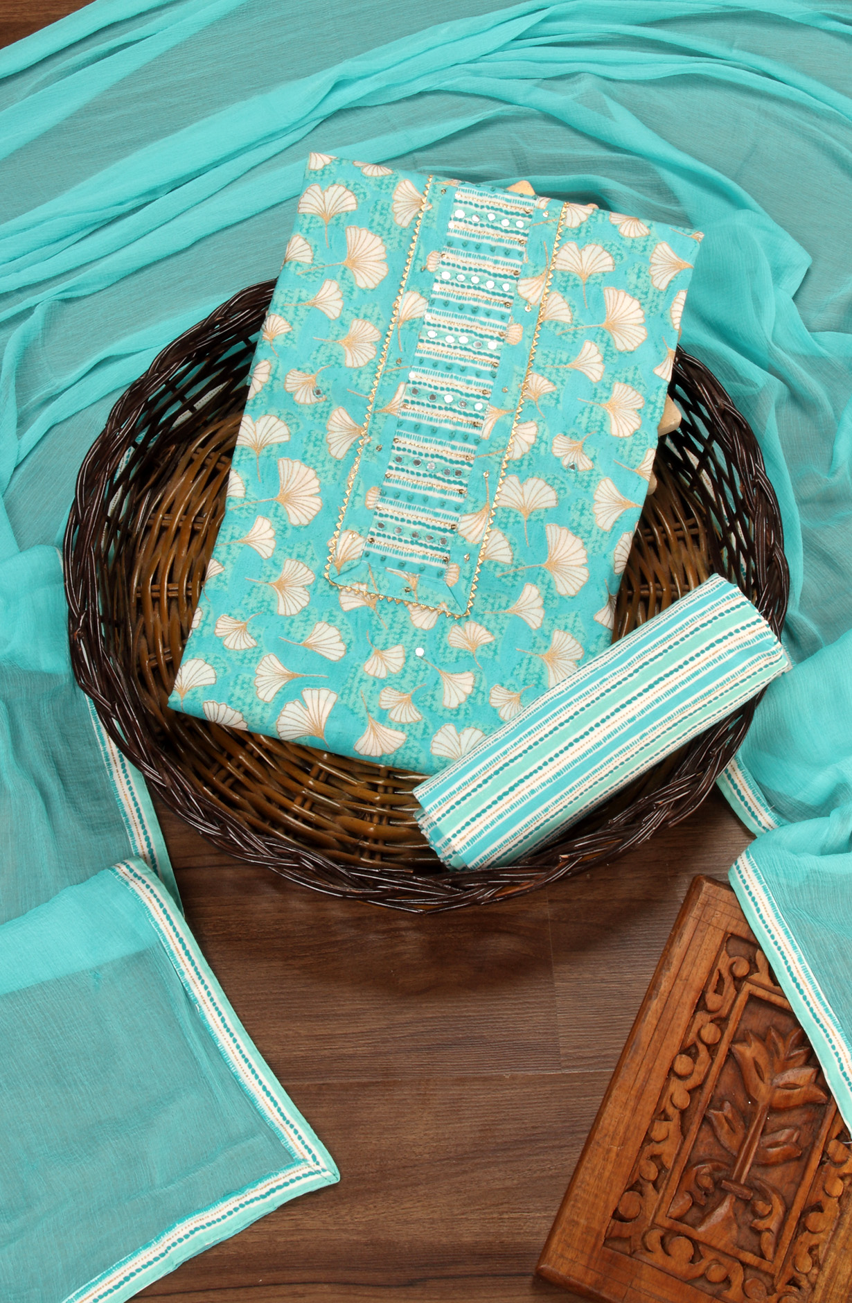 Turquoise Cotton Printed Salwar Kameez with Chiffon Dupatta - 983-3742-53B