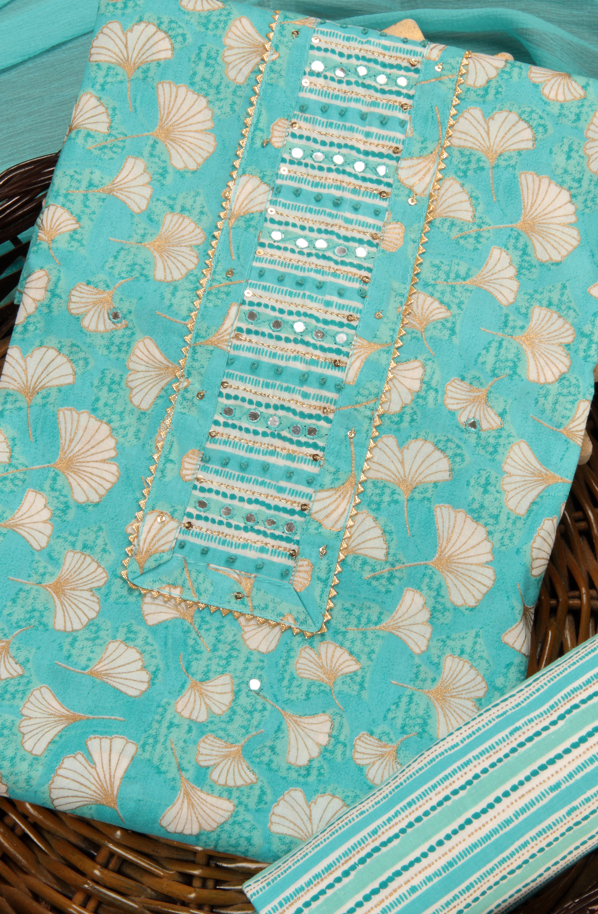 Turquoise Cotton Printed Salwar Kameez with Chiffon Dupatta - 983-3742-53B