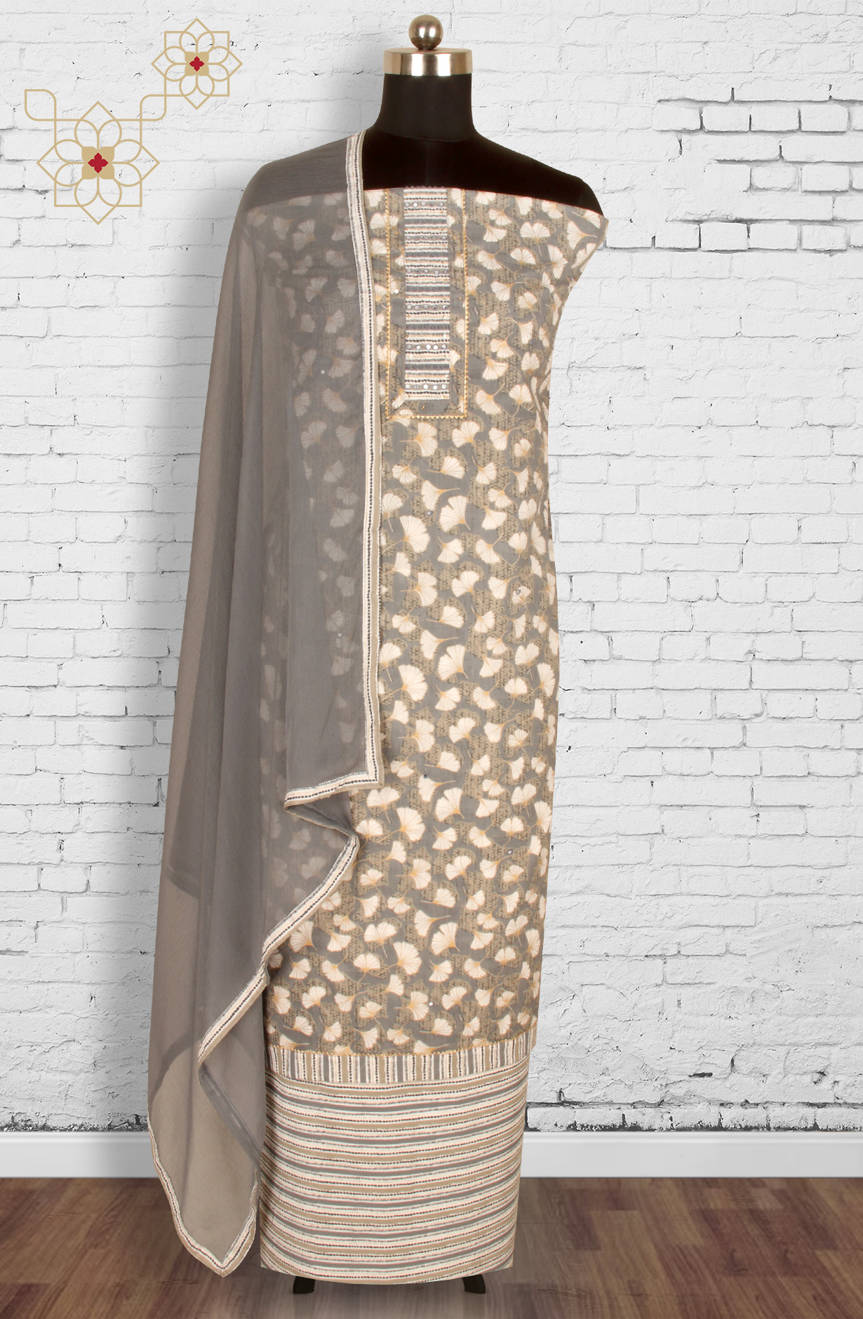 Grey Cotton Printed Salwar Suit with Chiffon Dupatta - 983-3742-53C