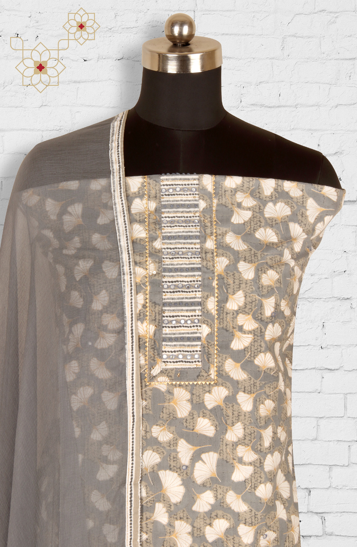 Grey Cotton Printed Salwar Suit with Chiffon Dupatta - 983-3742-53C