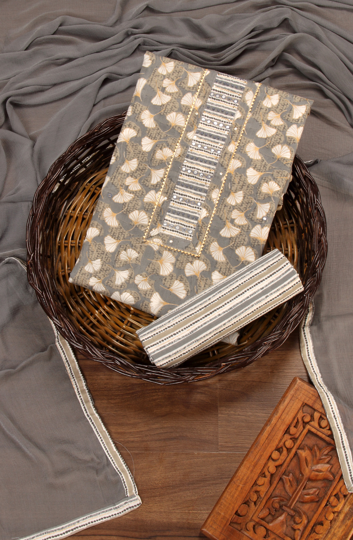 Grey Cotton Printed Salwar Suit with Chiffon Dupatta - 983-3742-53C