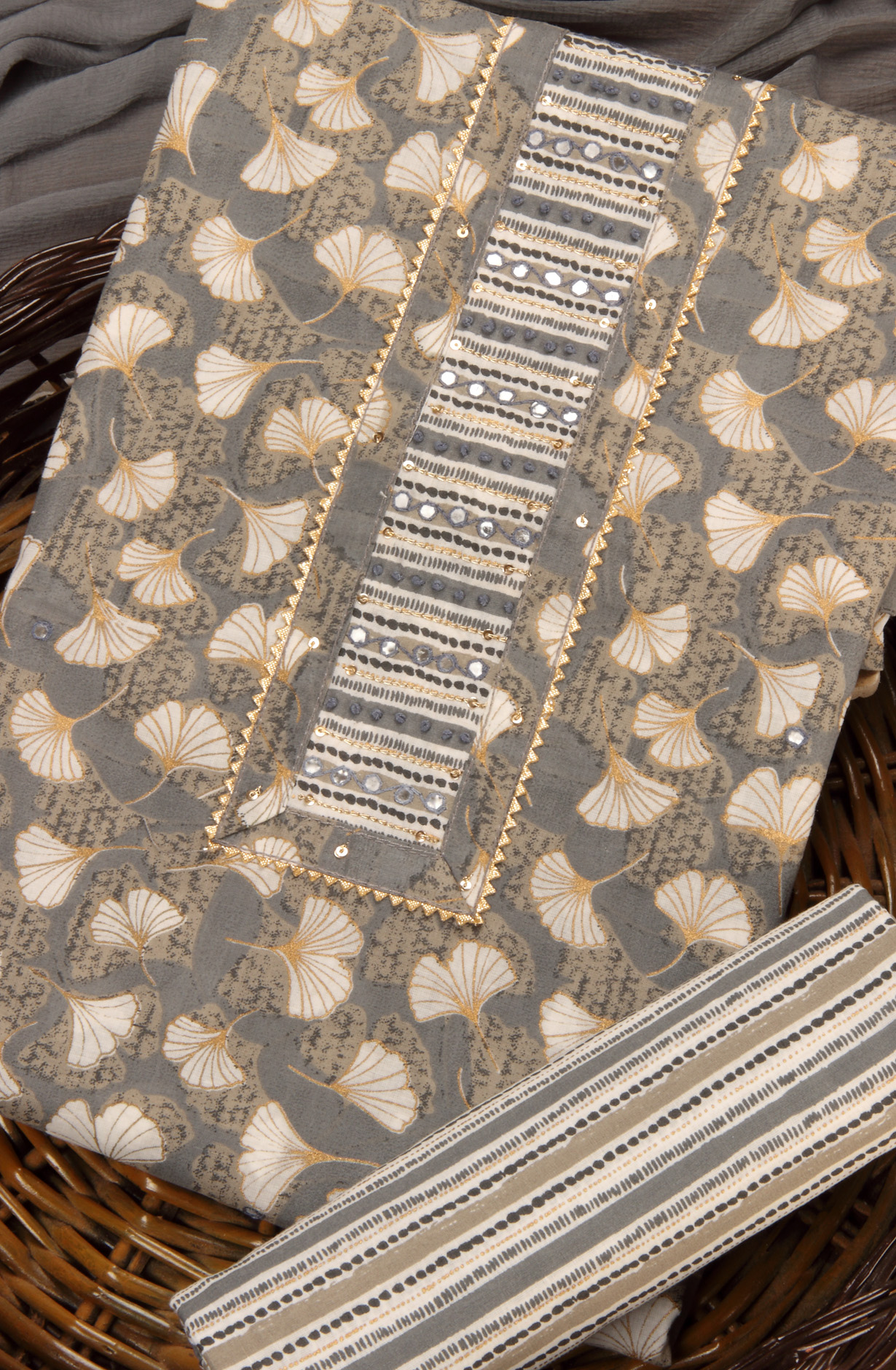 Grey Cotton Printed Salwar Suit with Chiffon Dupatta - 983-3742-53C