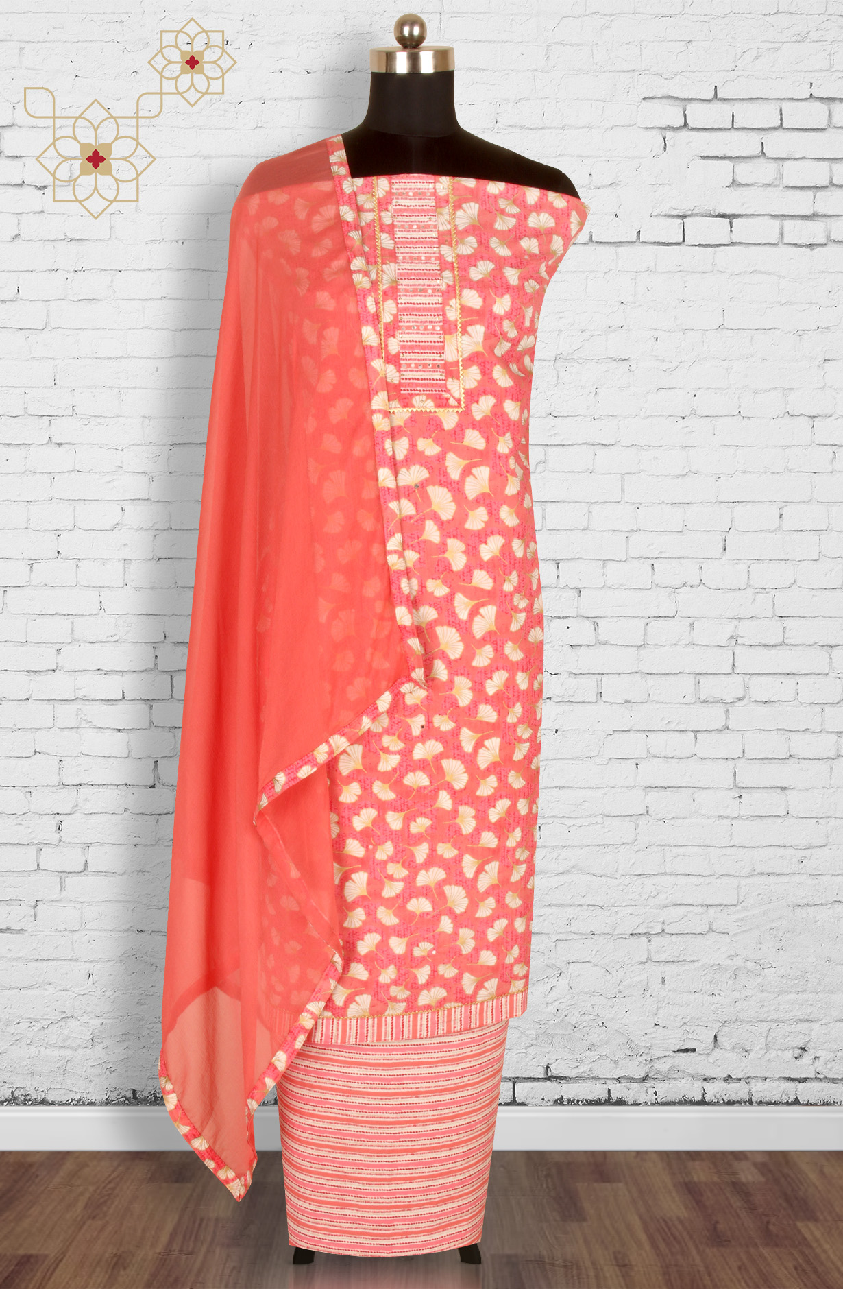 Pink Cotton Printed Salwar Suit with Chiffon Dupatta - 983-3742-53D