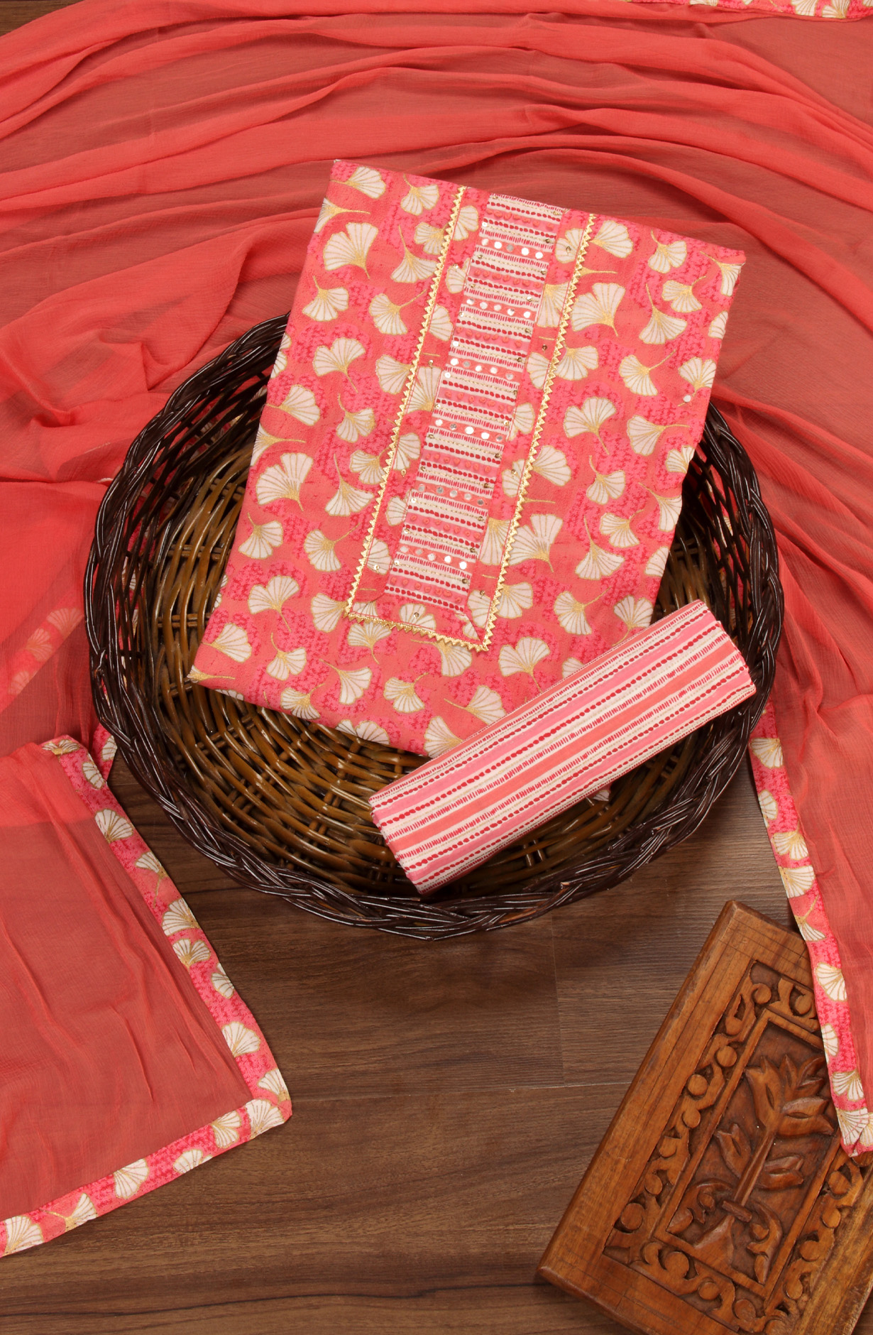 Pink Cotton Printed Salwar Suit with Chiffon Dupatta - 983-3742-53D