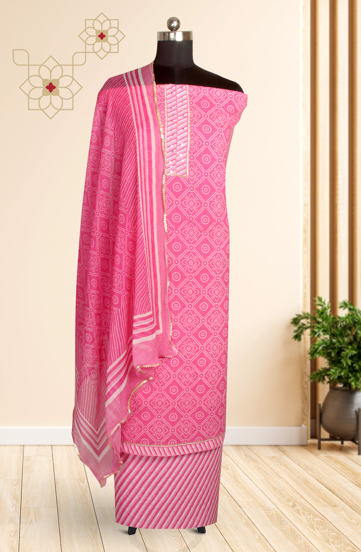 Pink Cotton Bandhej Print Salwar Suit with Chiffon Dupatta - 983-3847