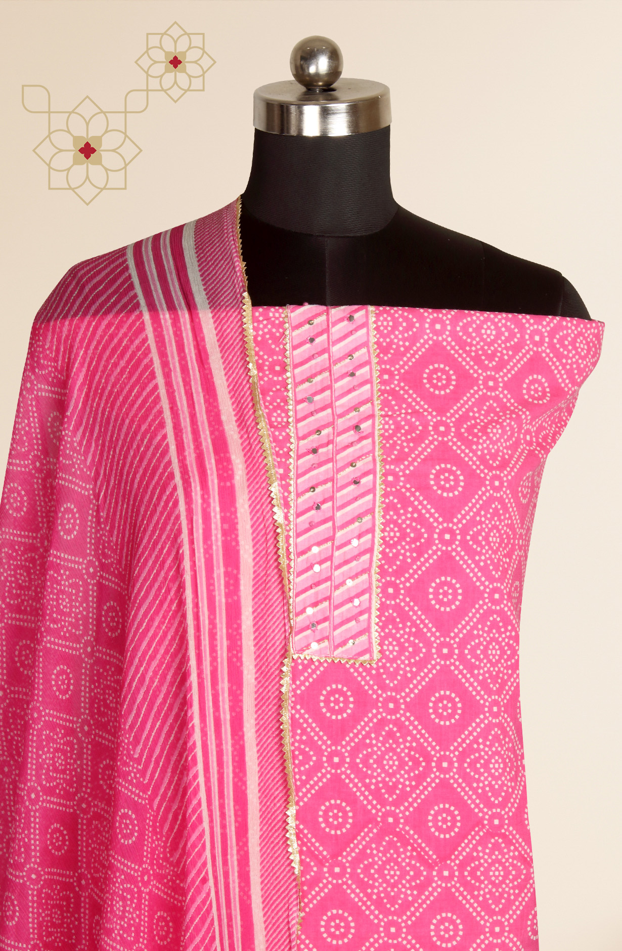 Pink Cotton Bandhej Print Salwar Suit with Chiffon Dupatta - 983-3847