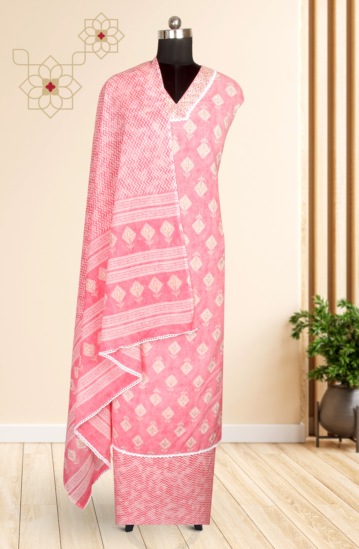 Pink Printed Unstitched Cotton Dress Material - 983-4013-1A