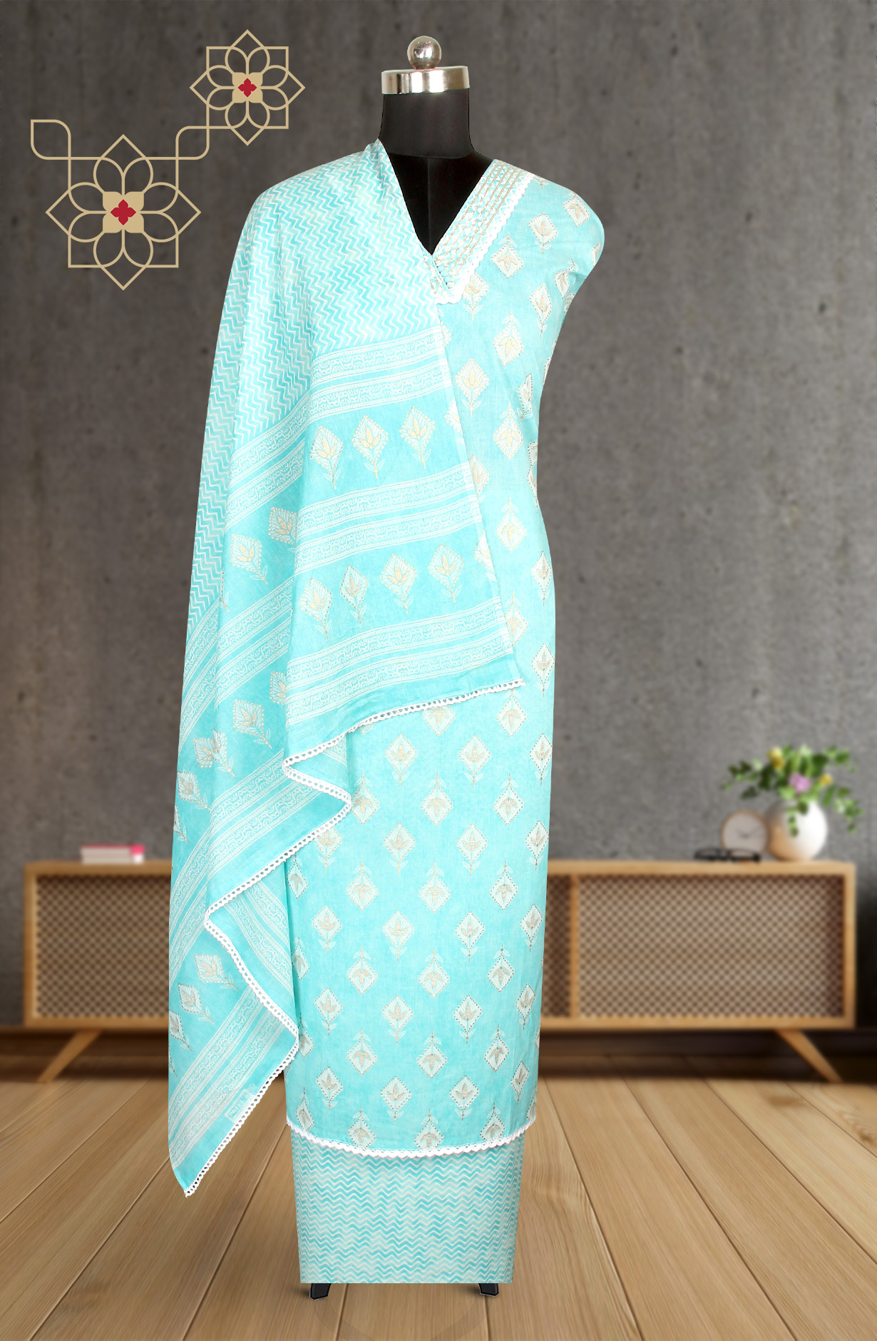 Firozi Printed Unstitched Cotton Dress Material - 983-4013-1B