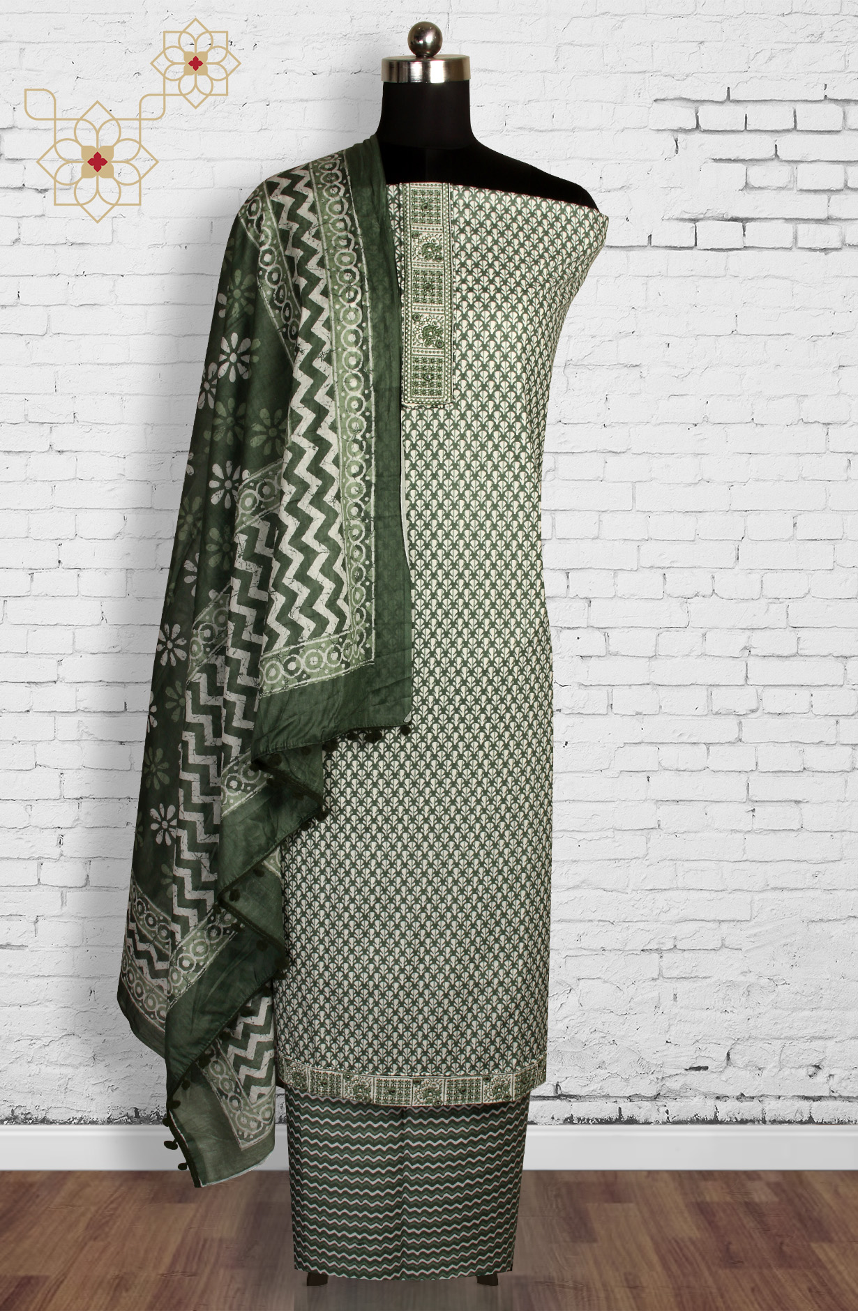 Green Cotton Printed Unstitched Dress Material - 983-4049C