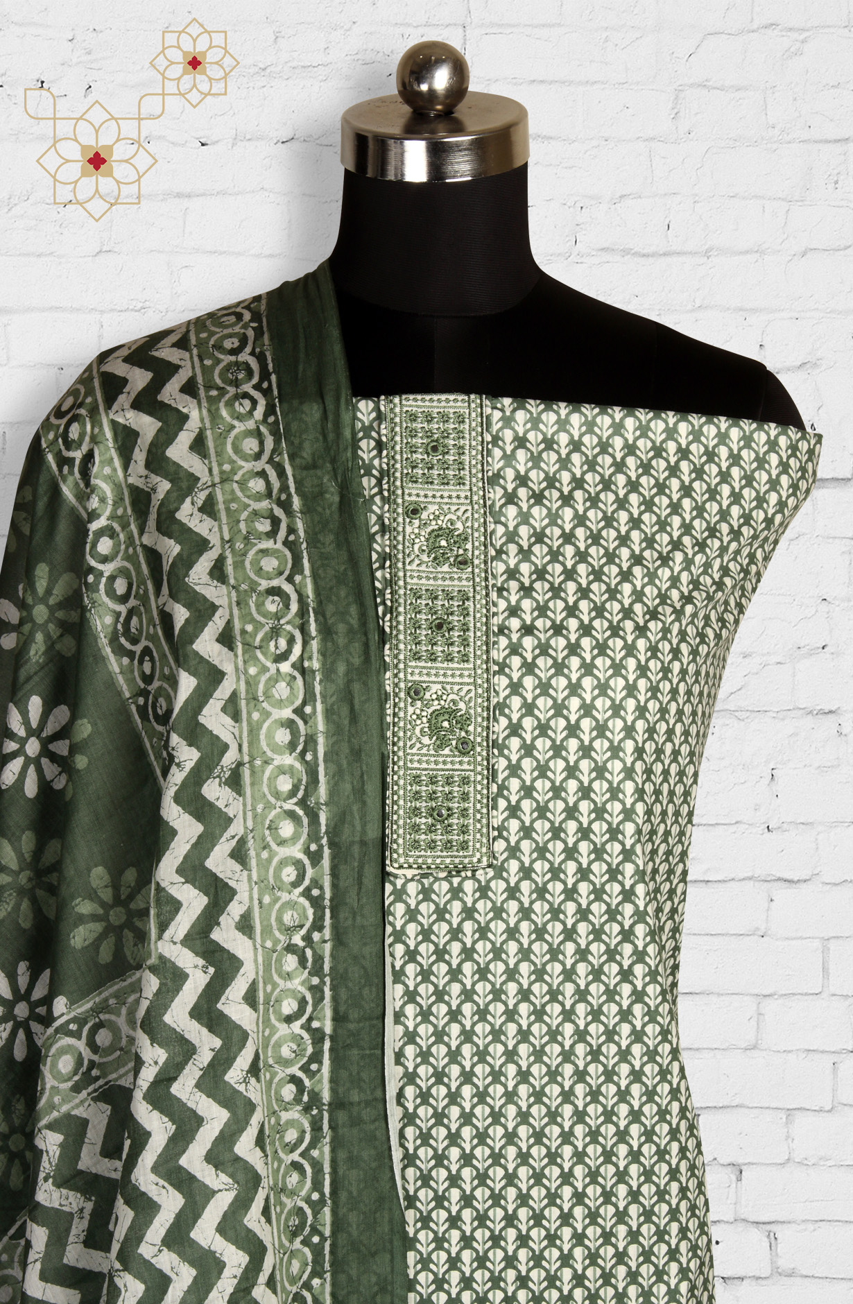 Green Cotton Printed Unstitched Dress Material - 983-4049C