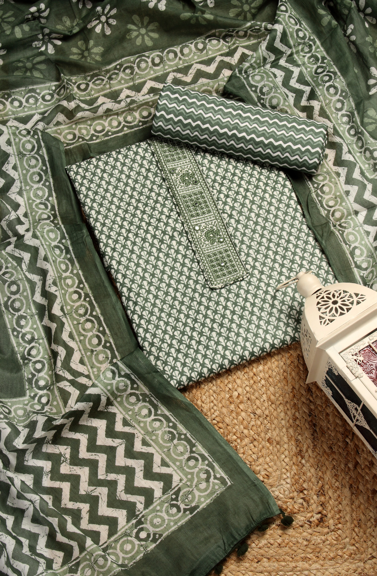 Green Cotton Printed Unstitched Dress Material - 983-4049C