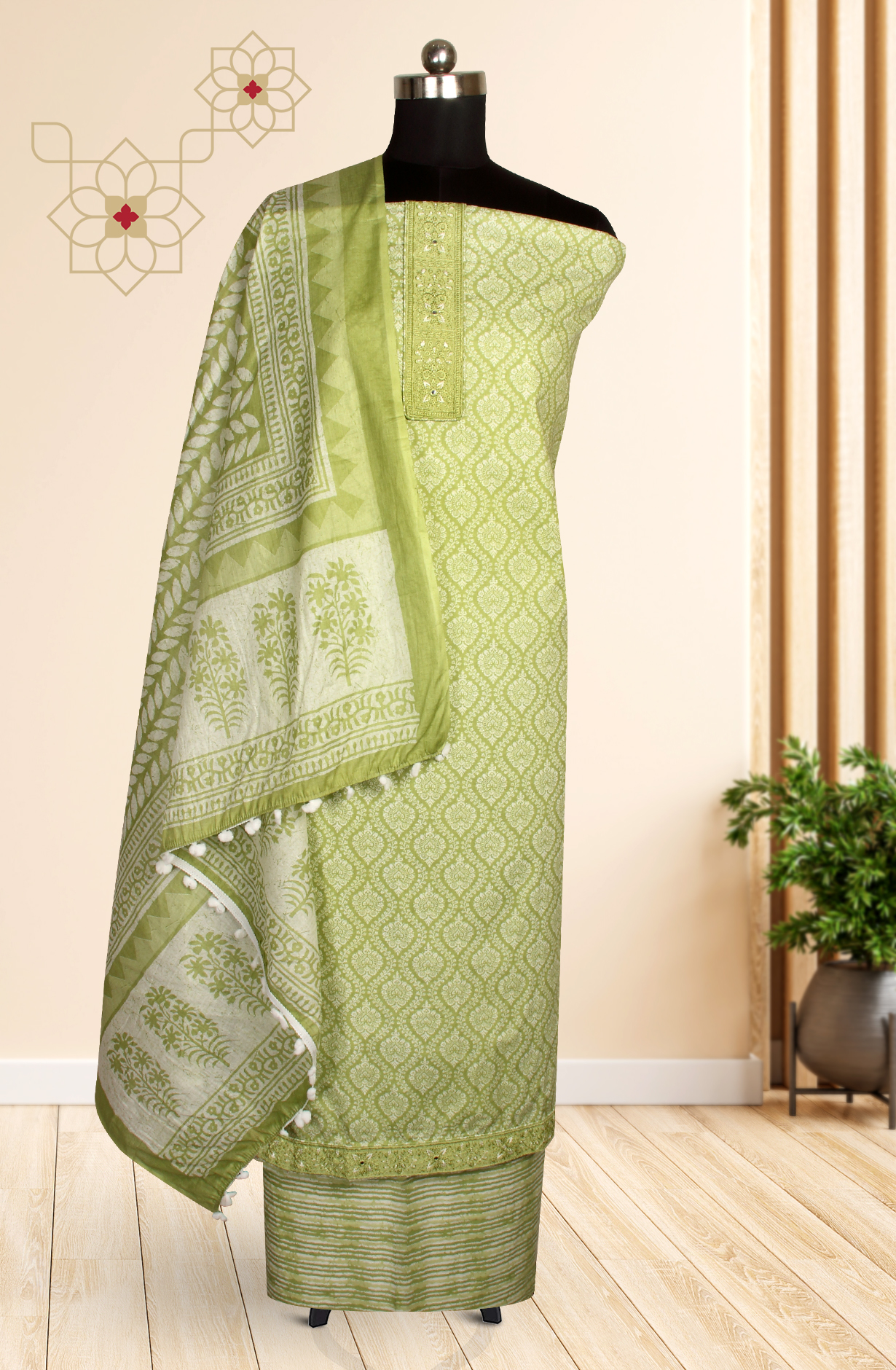 Parrot Green Cotton Printed Unstitched Salwar Suit - 983-4145B