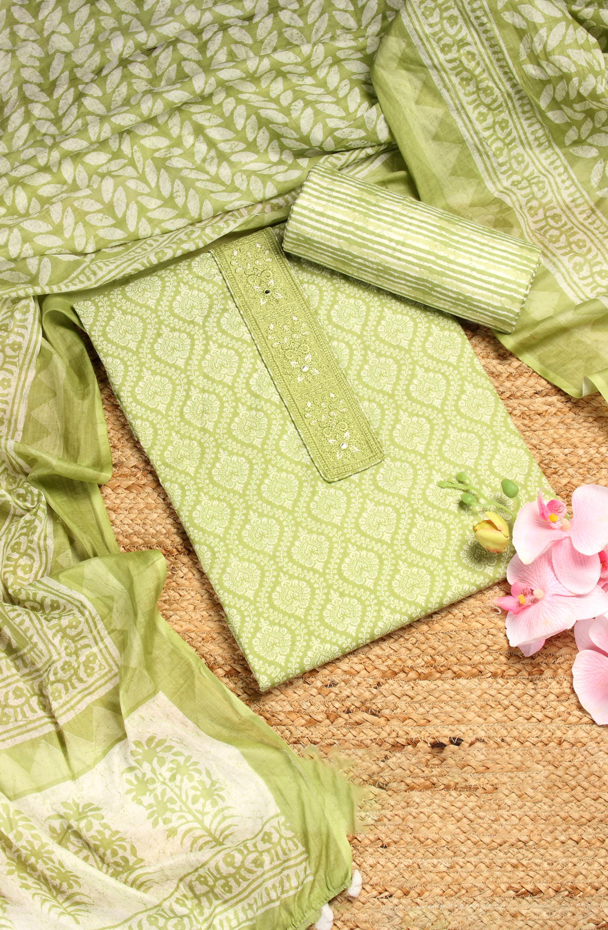 Parrot Green Cotton Printed Unstitched Salwar Suit - 983-4145B