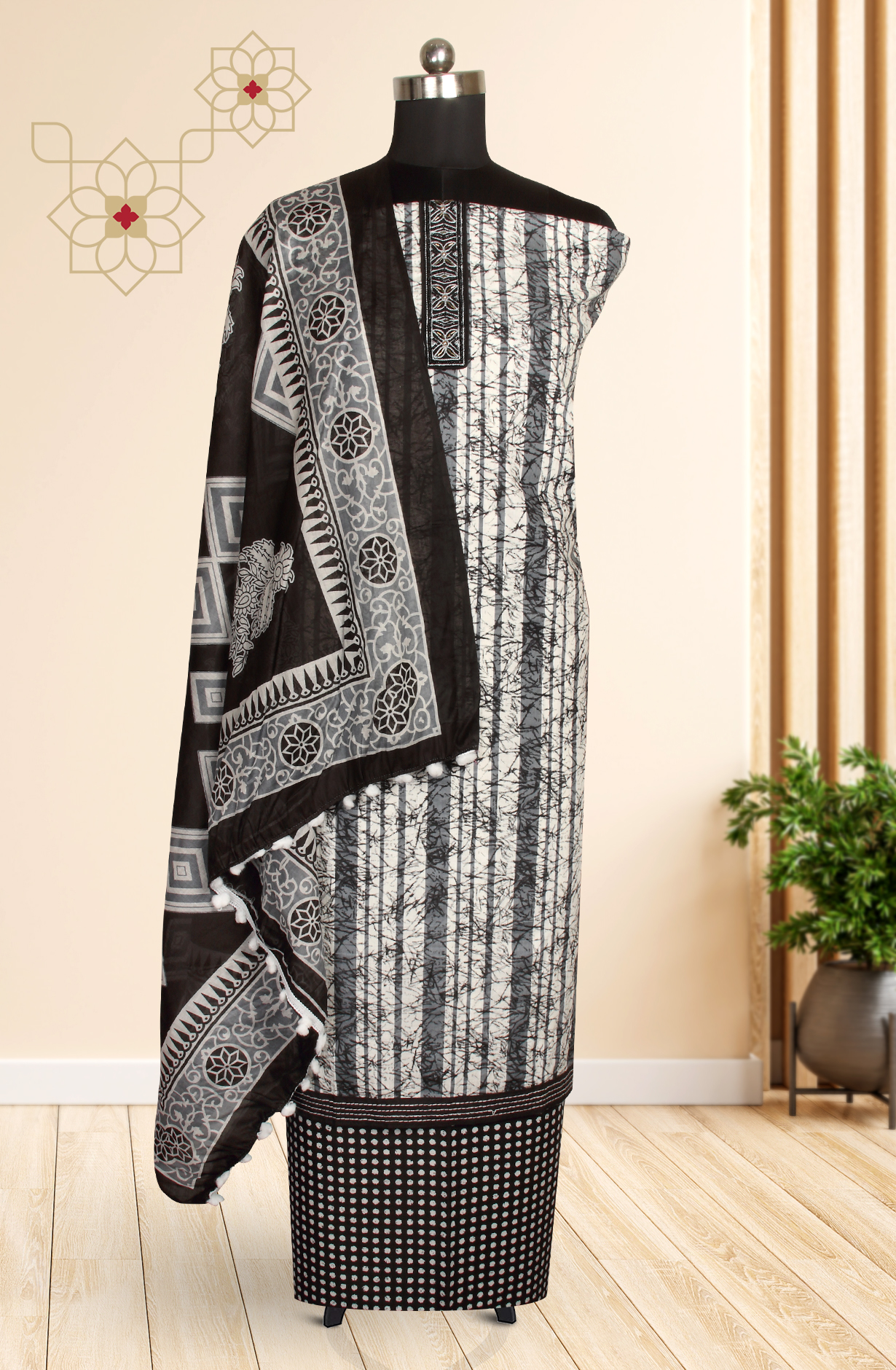Black Cotton Printed Unstitched Salwar Suit - 983-4191