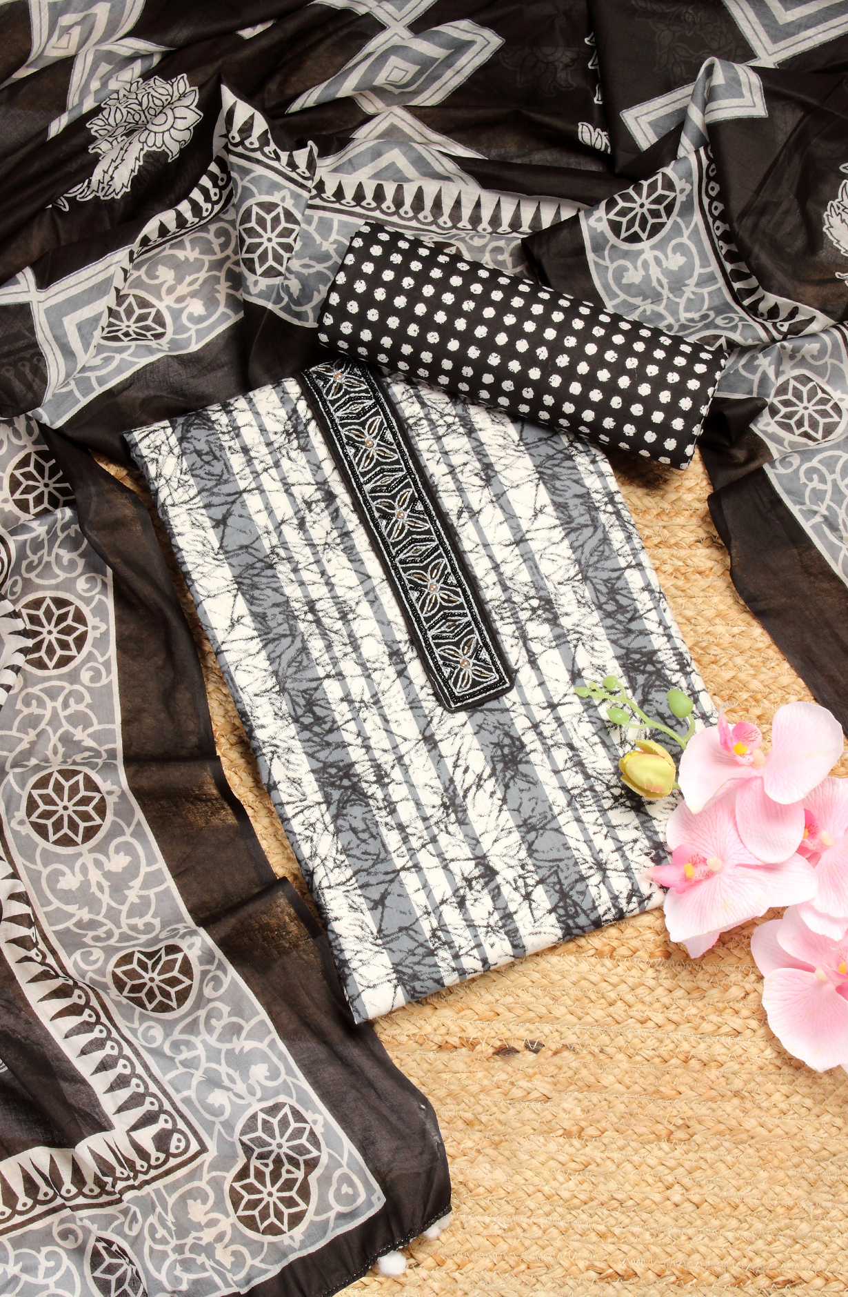 Black Cotton Printed Unstitched Salwar Suit - 983-4191