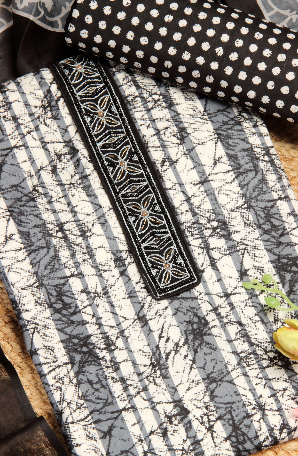 Black Cotton Printed Unstitched Salwar Suit - 983-4191