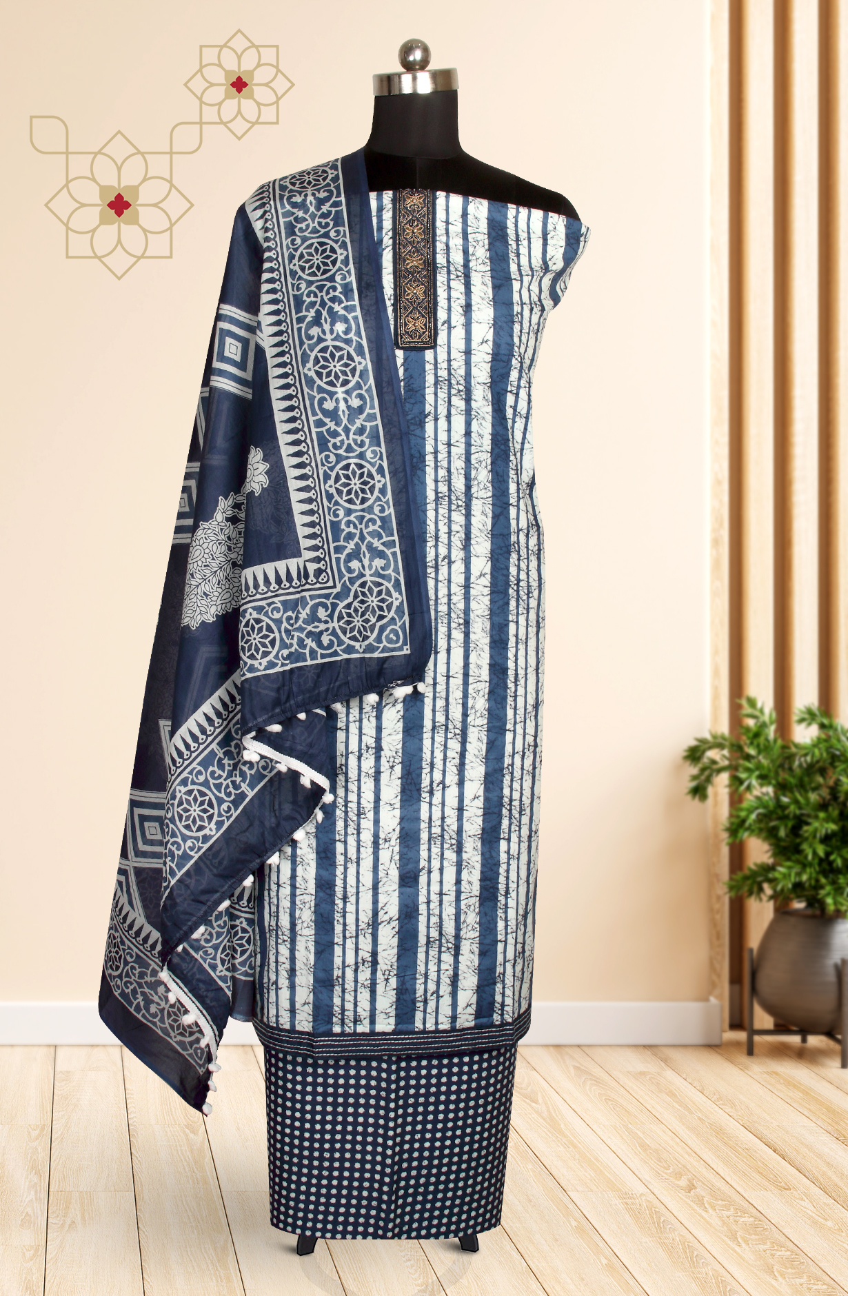 Blue Cotton Printed Unstitched Salwar Suit - 983-4191A