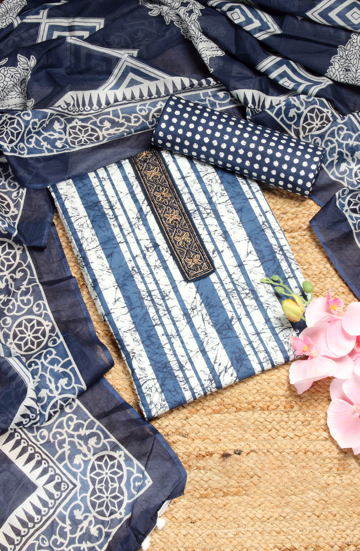 Blue Cotton Printed Unstitched Salwar Suit - 983-4191A