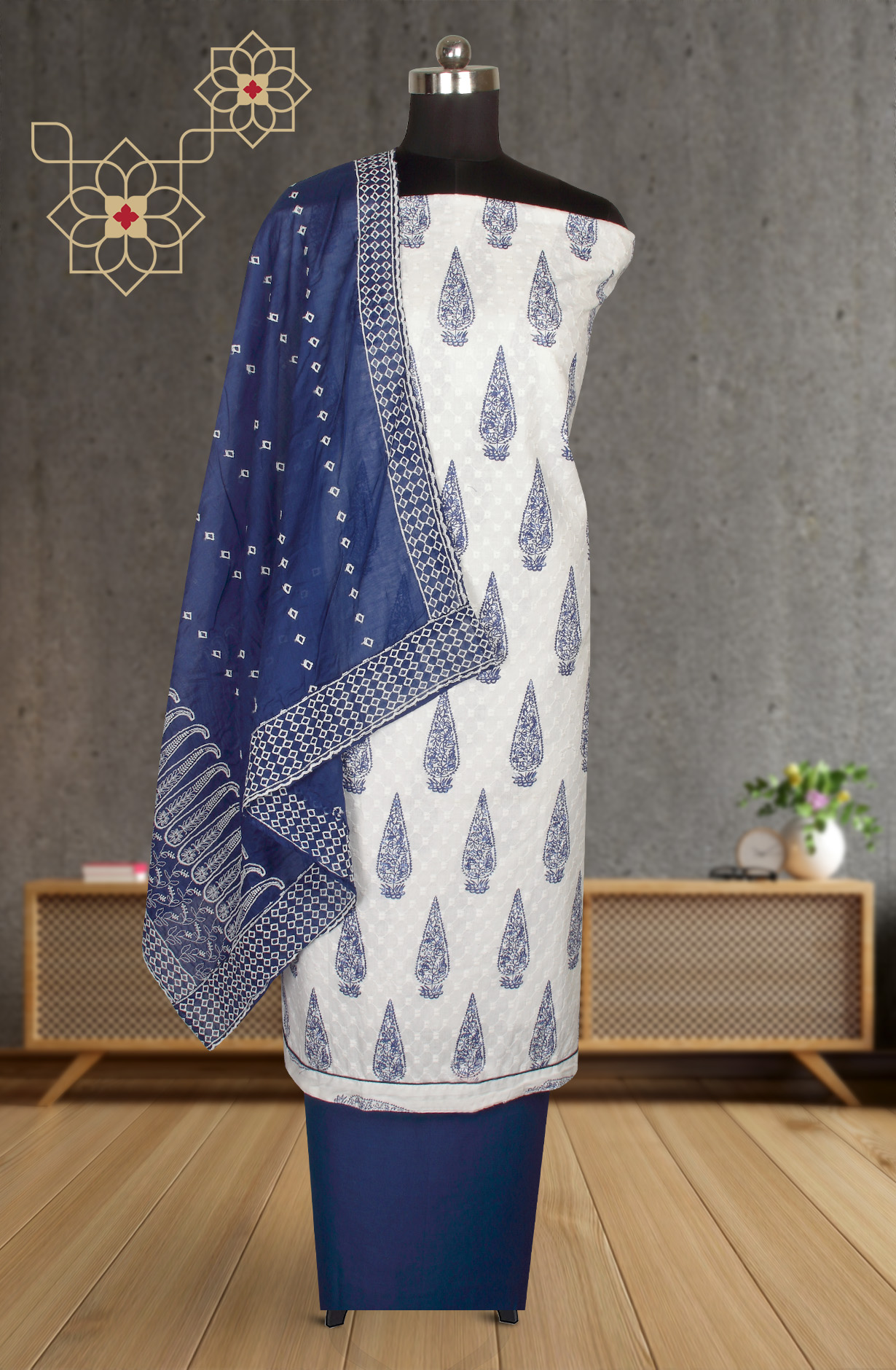 White and Blue Cotton Print Salwar Kameez - 983-4225