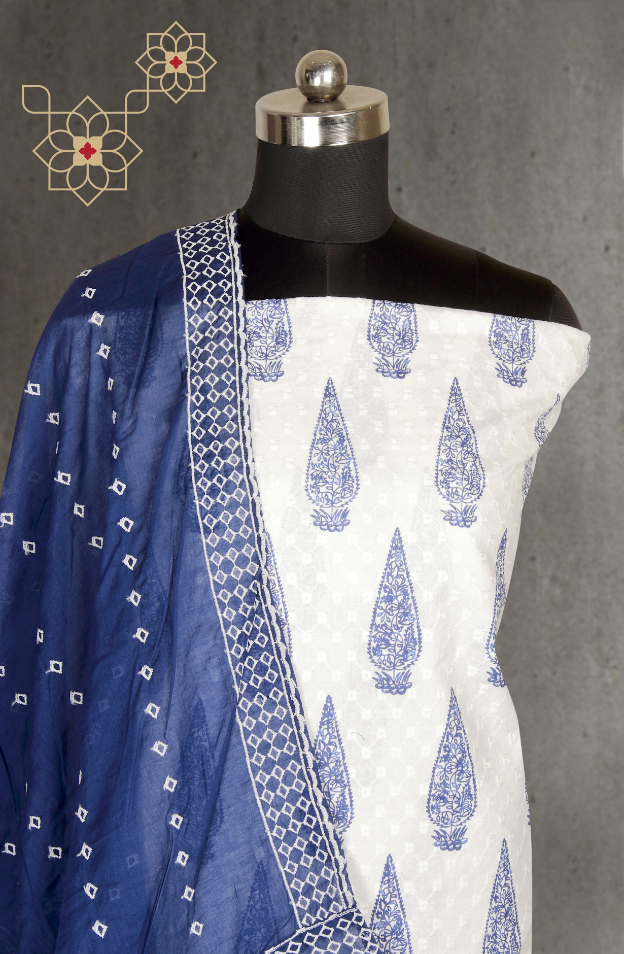 White and Blue Cotton Print Salwar Kameez - 983-4225
