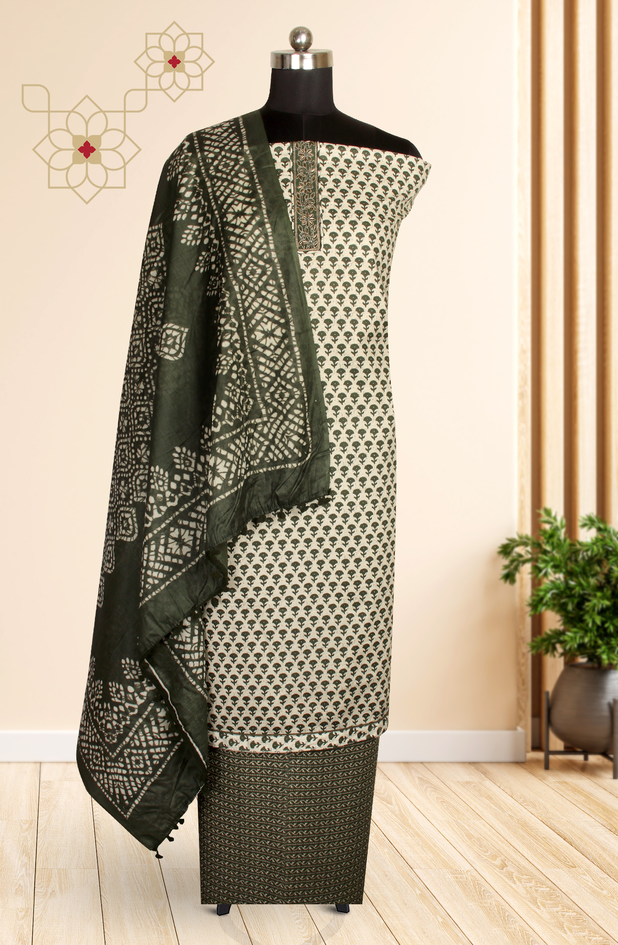 Bottle Green Cotton Printed Unstitched Salwar Suit - 983-4259-1A