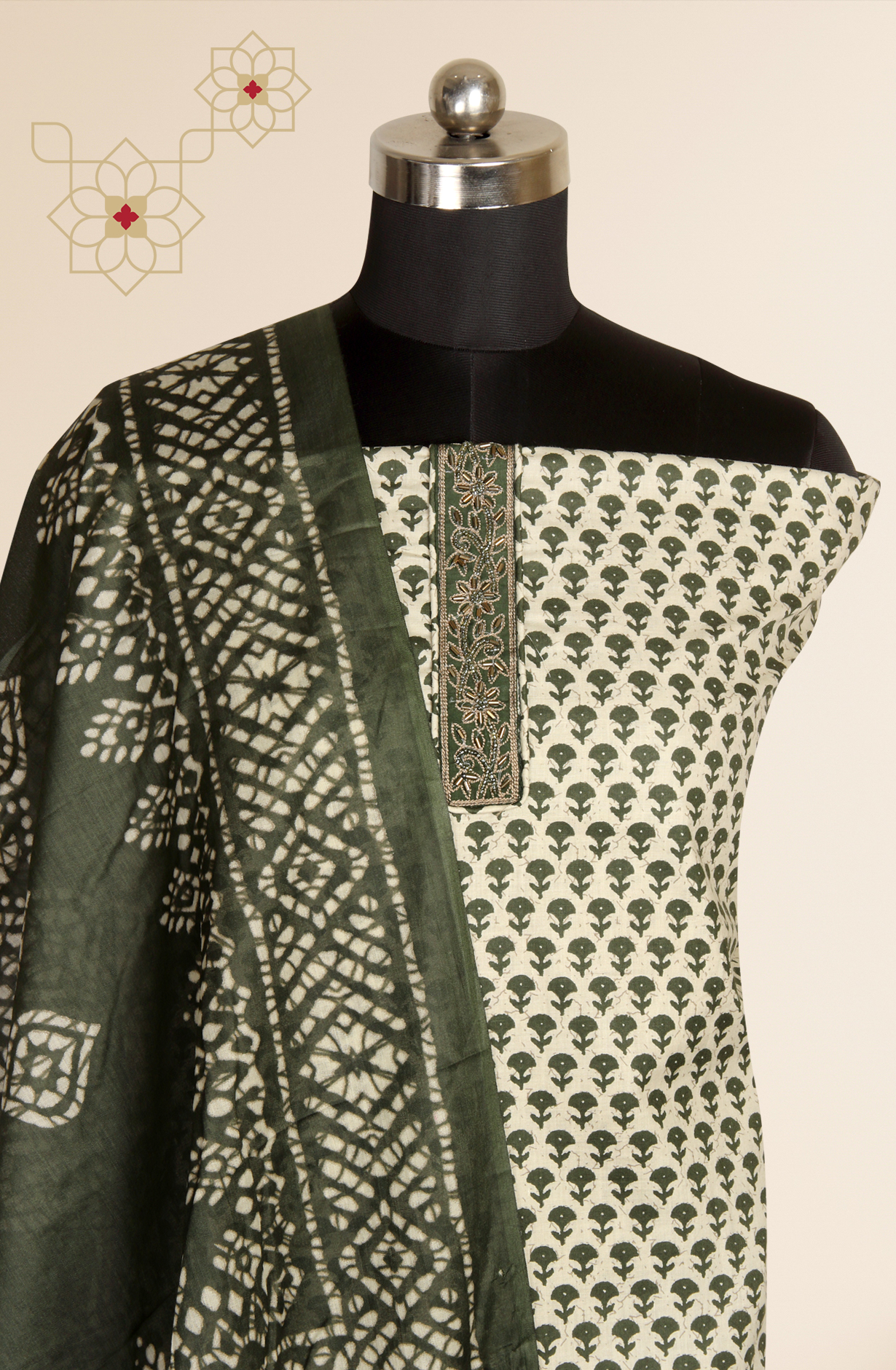 Bottle Green Cotton Printed Unstitched Salwar Suit - 983-4259-1A
