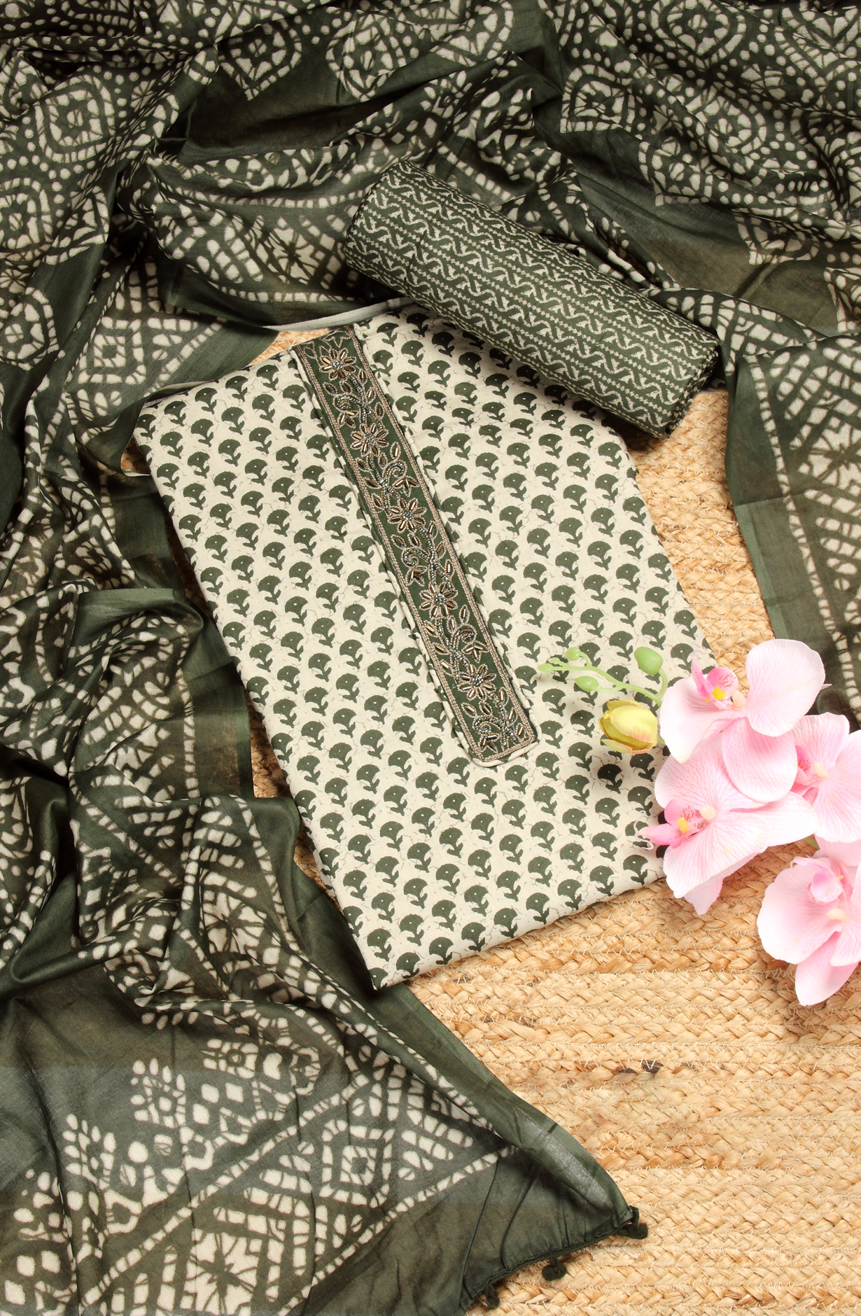 Bottle Green Cotton Printed Unstitched Salwar Suit - 983-4259-1A