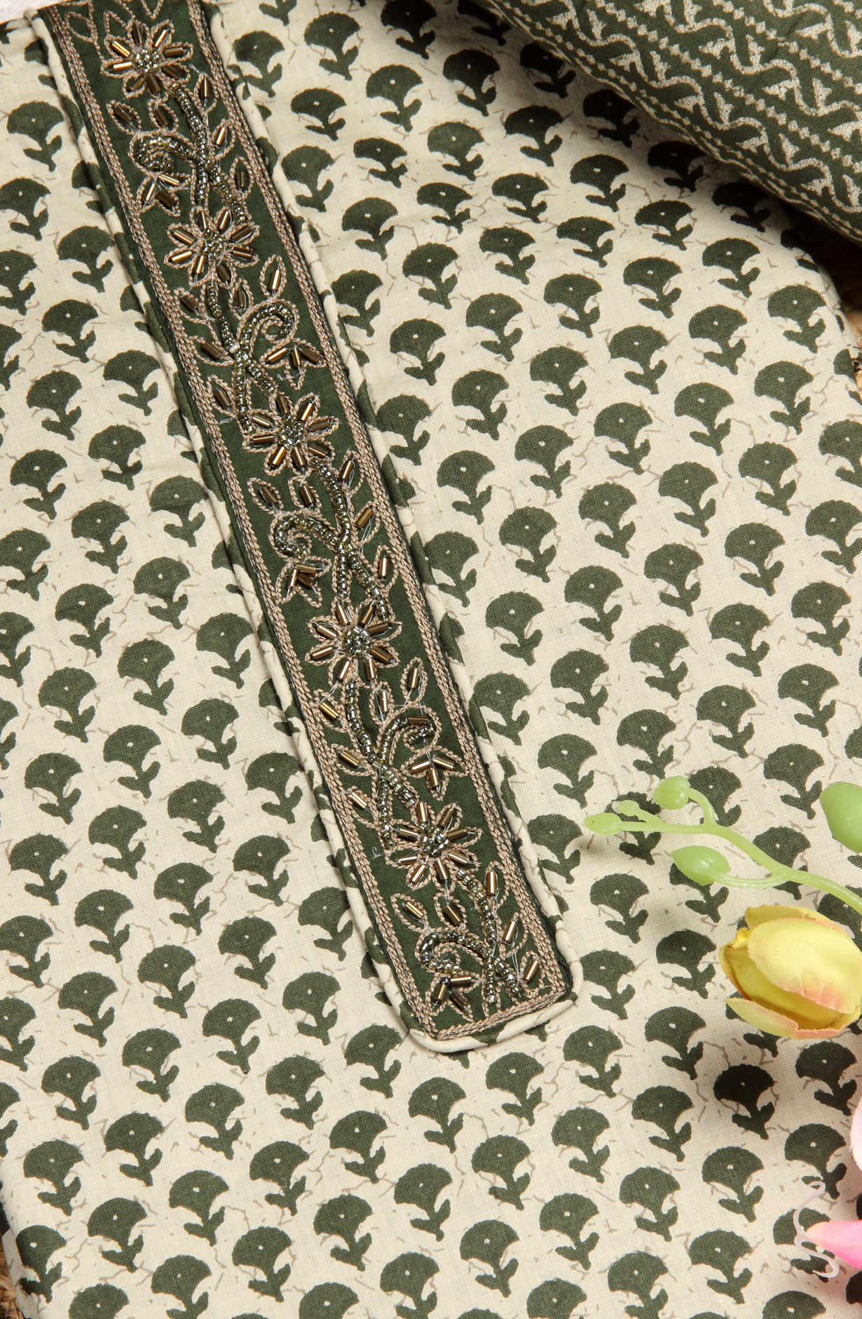 Bottle Green Cotton Printed Unstitched Salwar Suit - 983-4259-1A