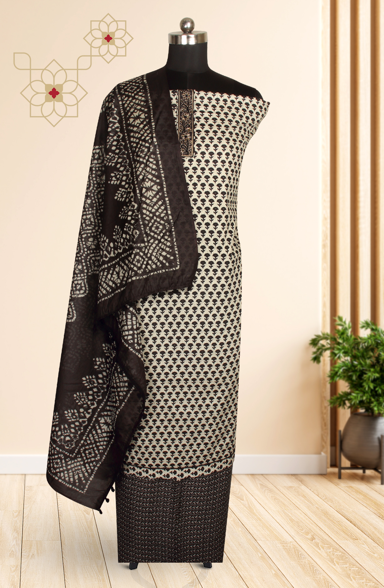 Black Cotton Printed Unstitched Salwar Suit - 983-4259-1B