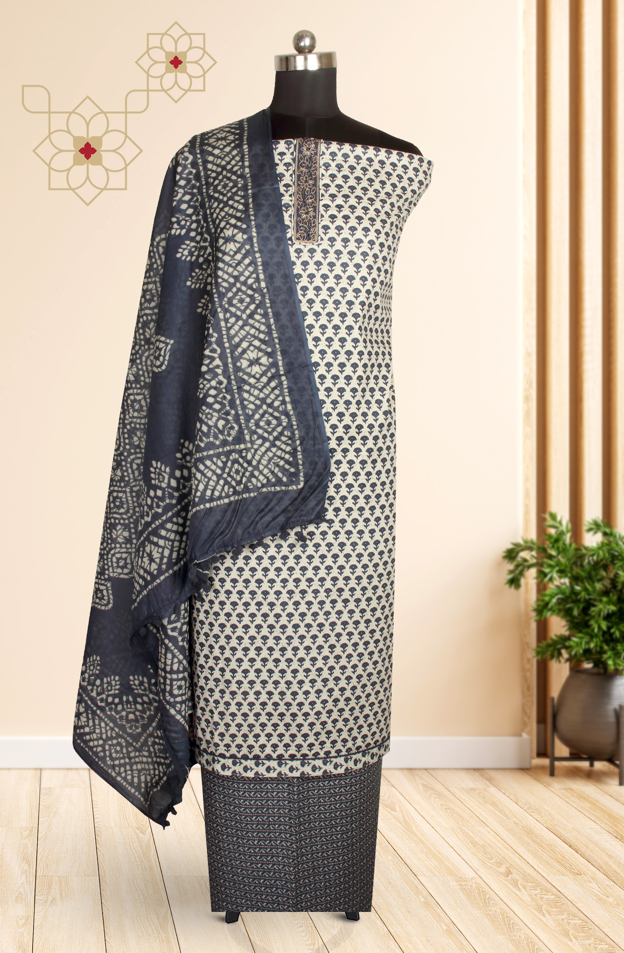 Blue Cotton Printed Unstitched Salwar Suit - 983-4259-1C