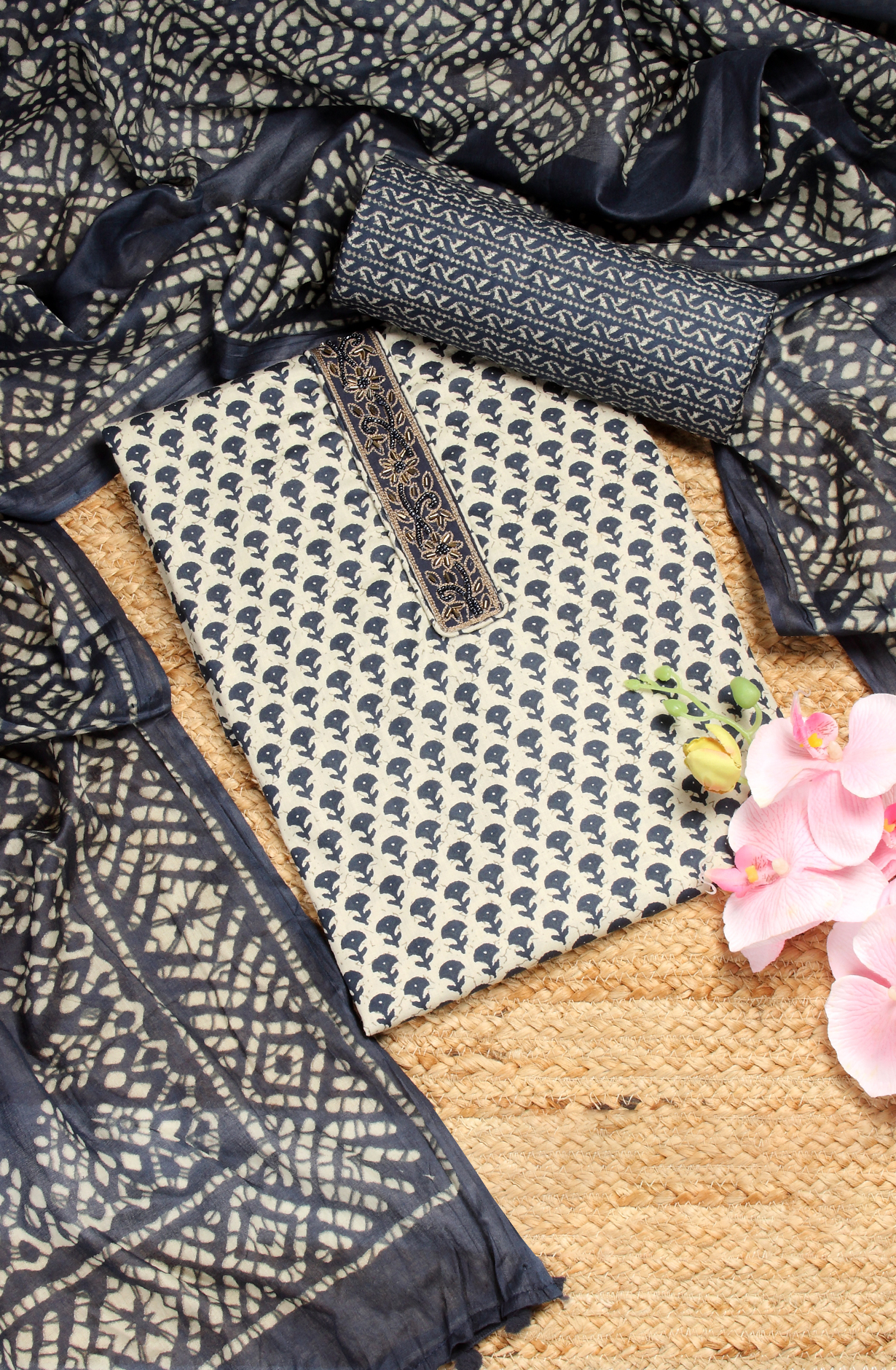 Blue Cotton Printed Unstitched Salwar Suit - 983-4259-1C