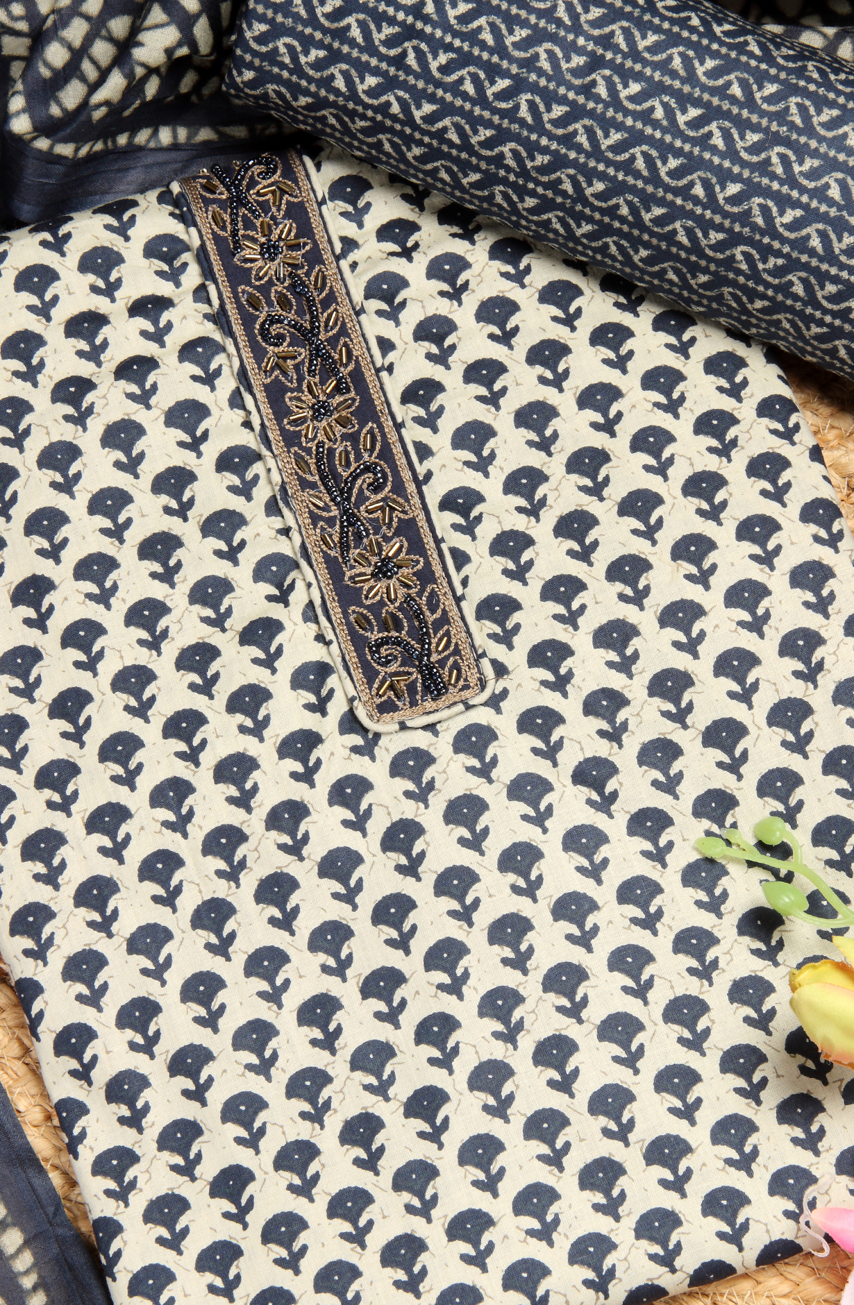 Blue Cotton Printed Unstitched Salwar Suit - 983-4259-1C