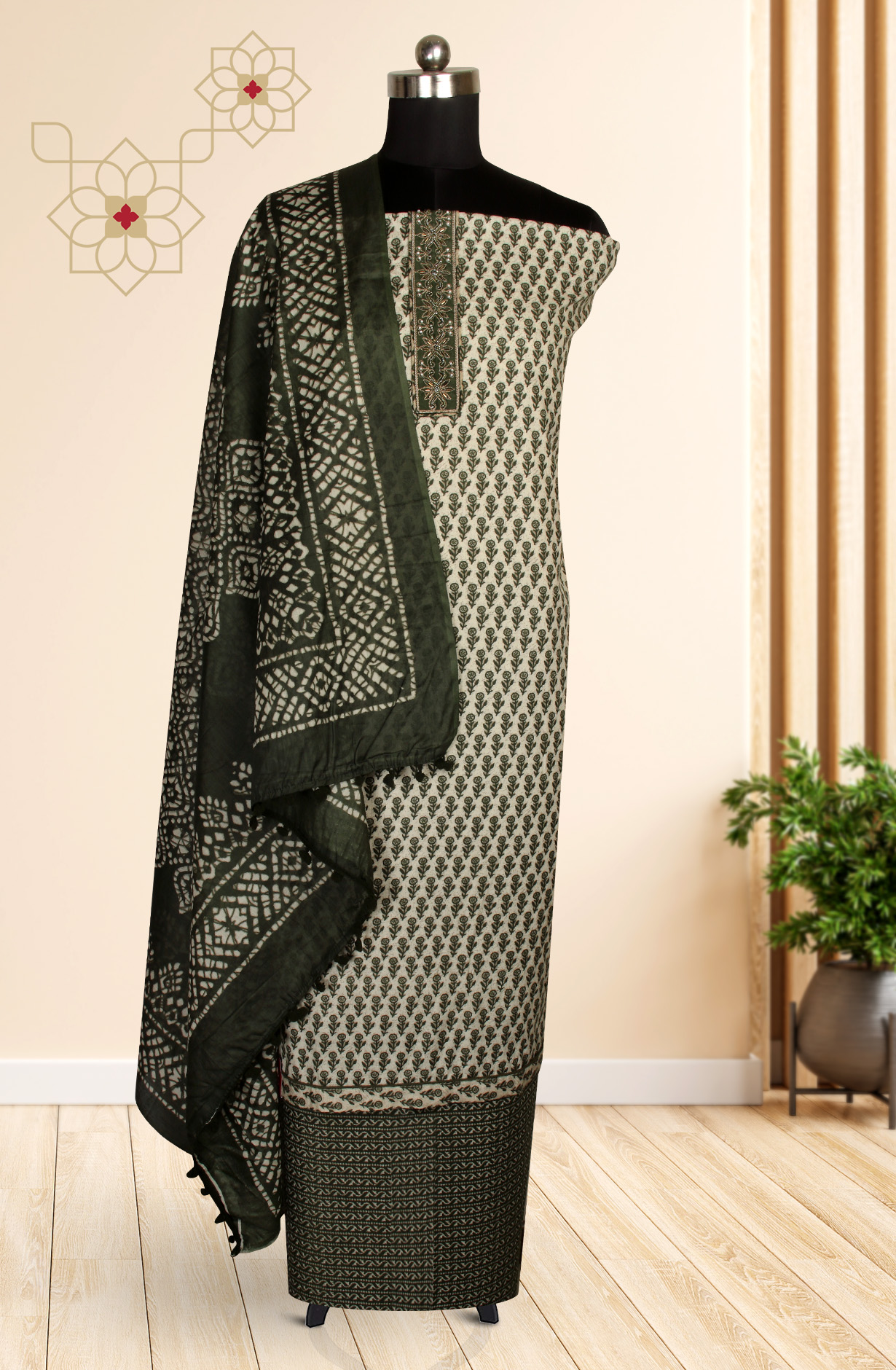 Bottle Green Cotton Printed Unstitched Salwar Suit - 983-4259B