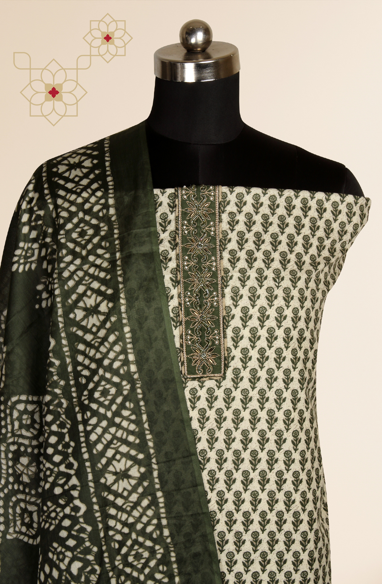 Bottle Green Cotton Printed Unstitched Salwar Suit - 983-4259B