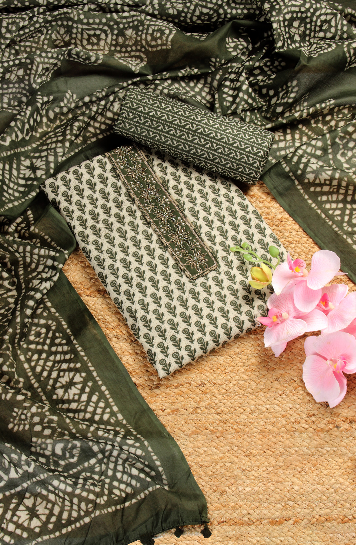 Bottle Green Cotton Printed Unstitched Salwar Suit - 983-4259B