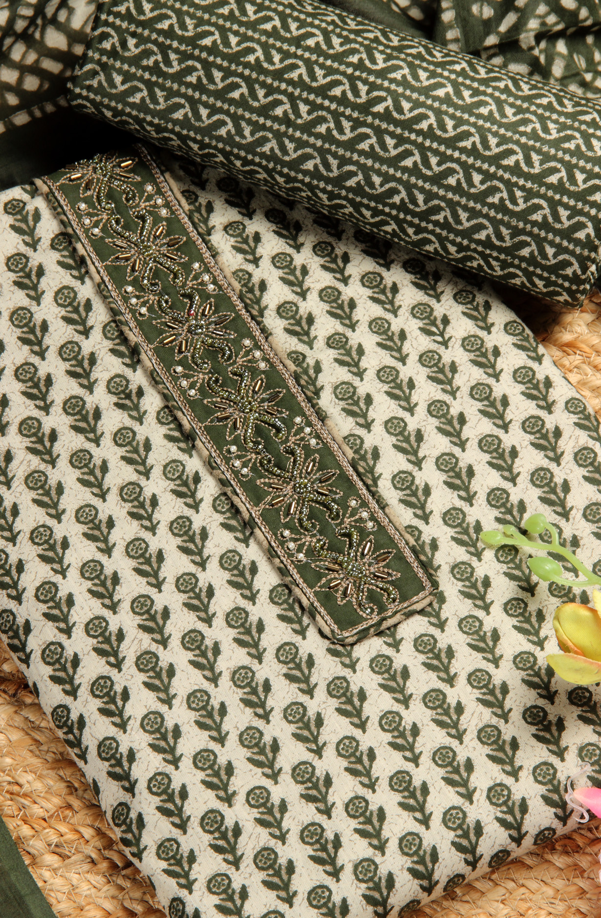 Bottle Green Cotton Printed Unstitched Salwar Suit - 983-4259B